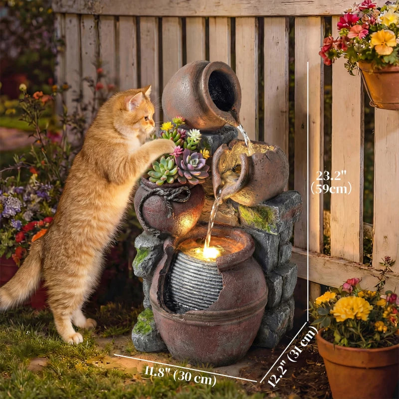 Outdoor Fountain with 4-Tier Rustic Pot Design, Cascading Rock Waterfall with LED Lights and Adjustable Flow