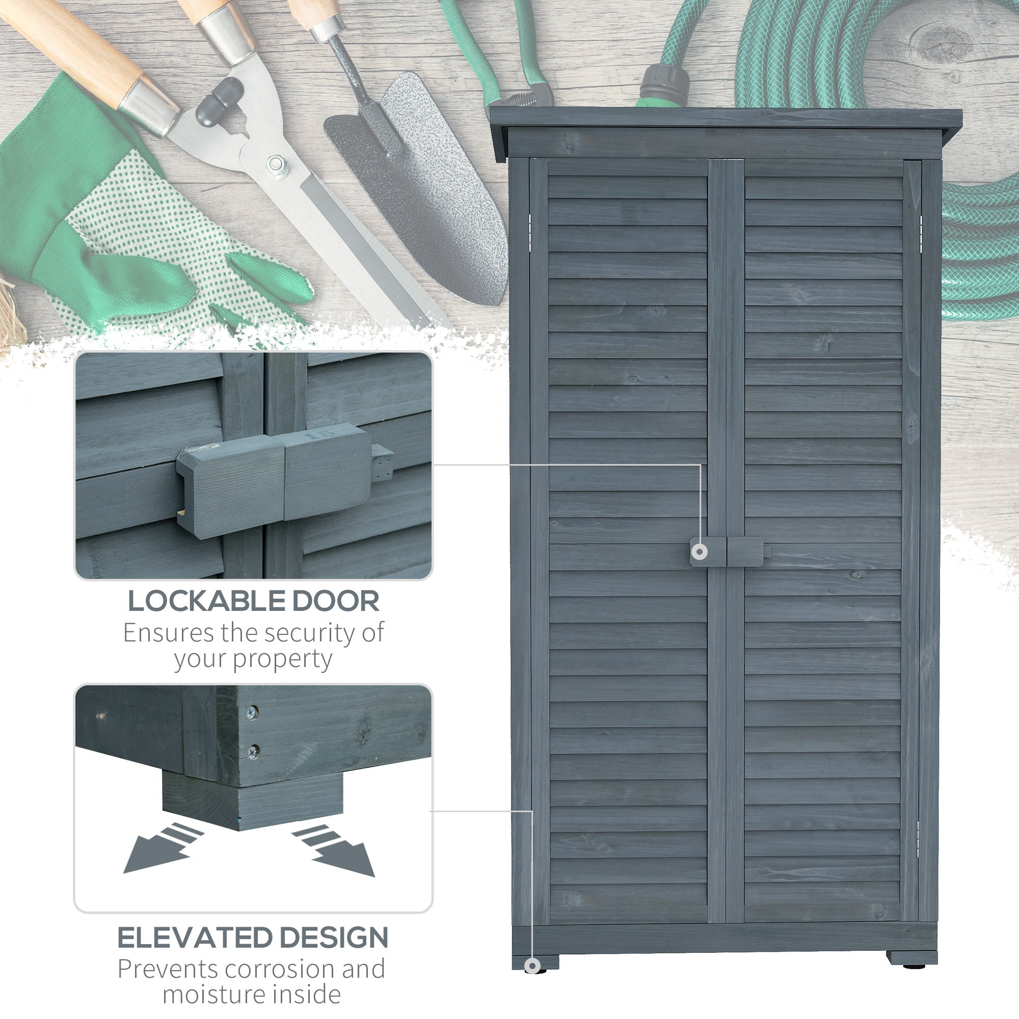 Outsunny Outdoor Garden Shed with 3-Tier Shelves & Asphalt Roof - Wooden Tool Storage Solution, Shutter Doors, 34.3"x18.3"x63", Grey 