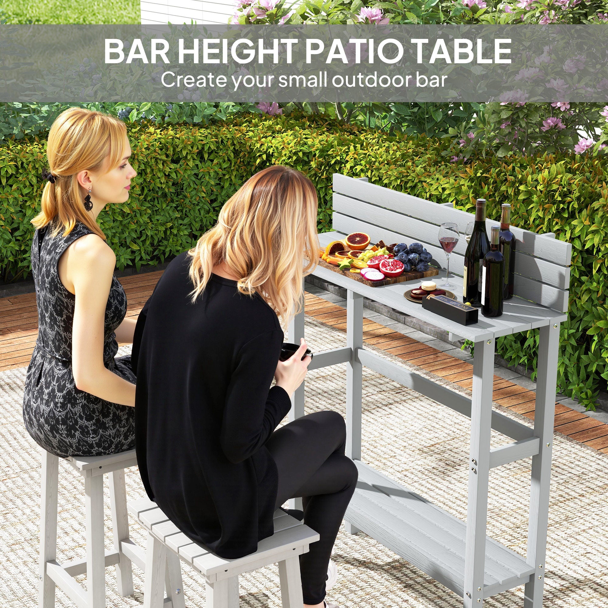 Outsunny 110cm Rectangle Outdoor Bar Table with Built-in Footrest, Slatted Top, Grey 