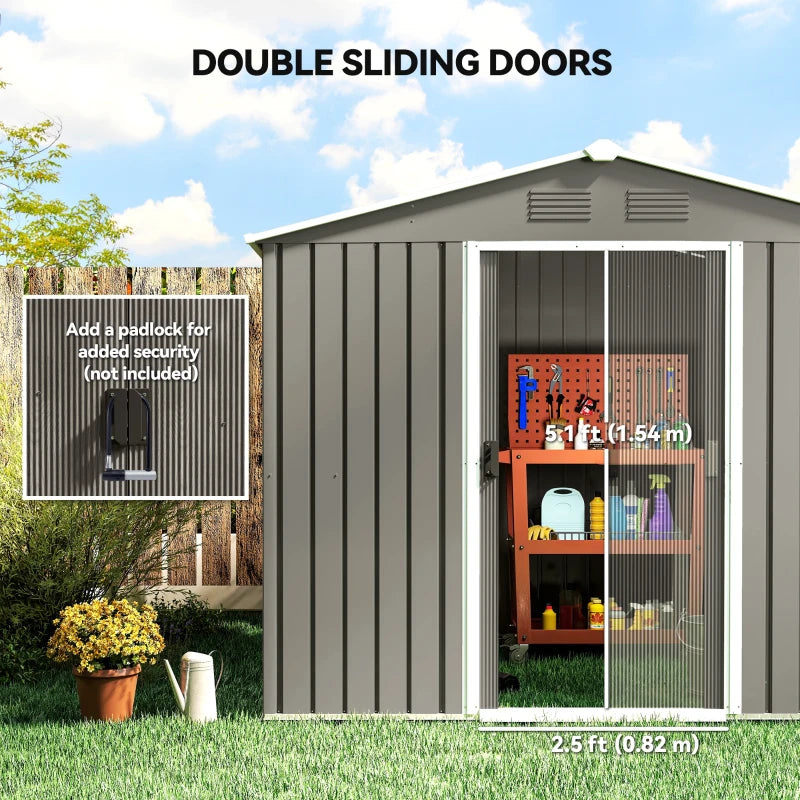 8' x 6' Outdoor Storage Shed, Metal Garden Tool Storage House with Lockable Sliding Doors and Vents for Backyard Patio Lawn, Light Grey