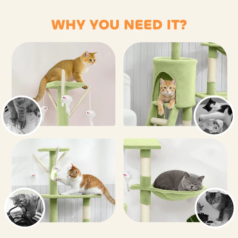 53" Cat Tree Tower, Kitten Activity Centre with Scratching Posts, Condo, Perches, Ladder, Hammock, Dangling Toys, Green