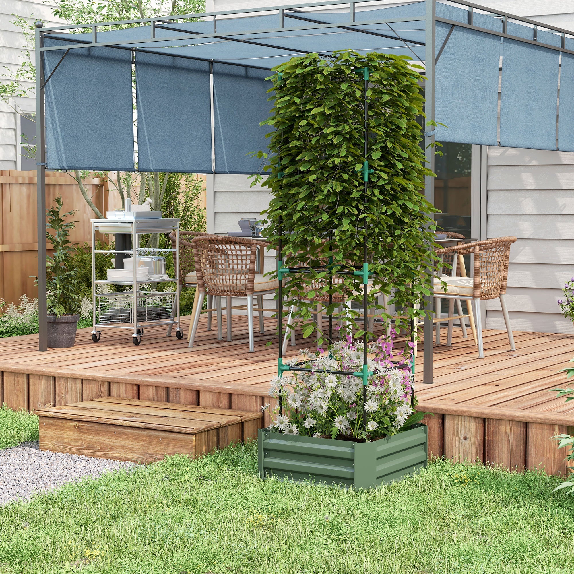 Outsunny Sturdy Galvanized Planter Box with 4-Tier Trellis for Climbing Vines Outdoor Raised Garden Bed Green 