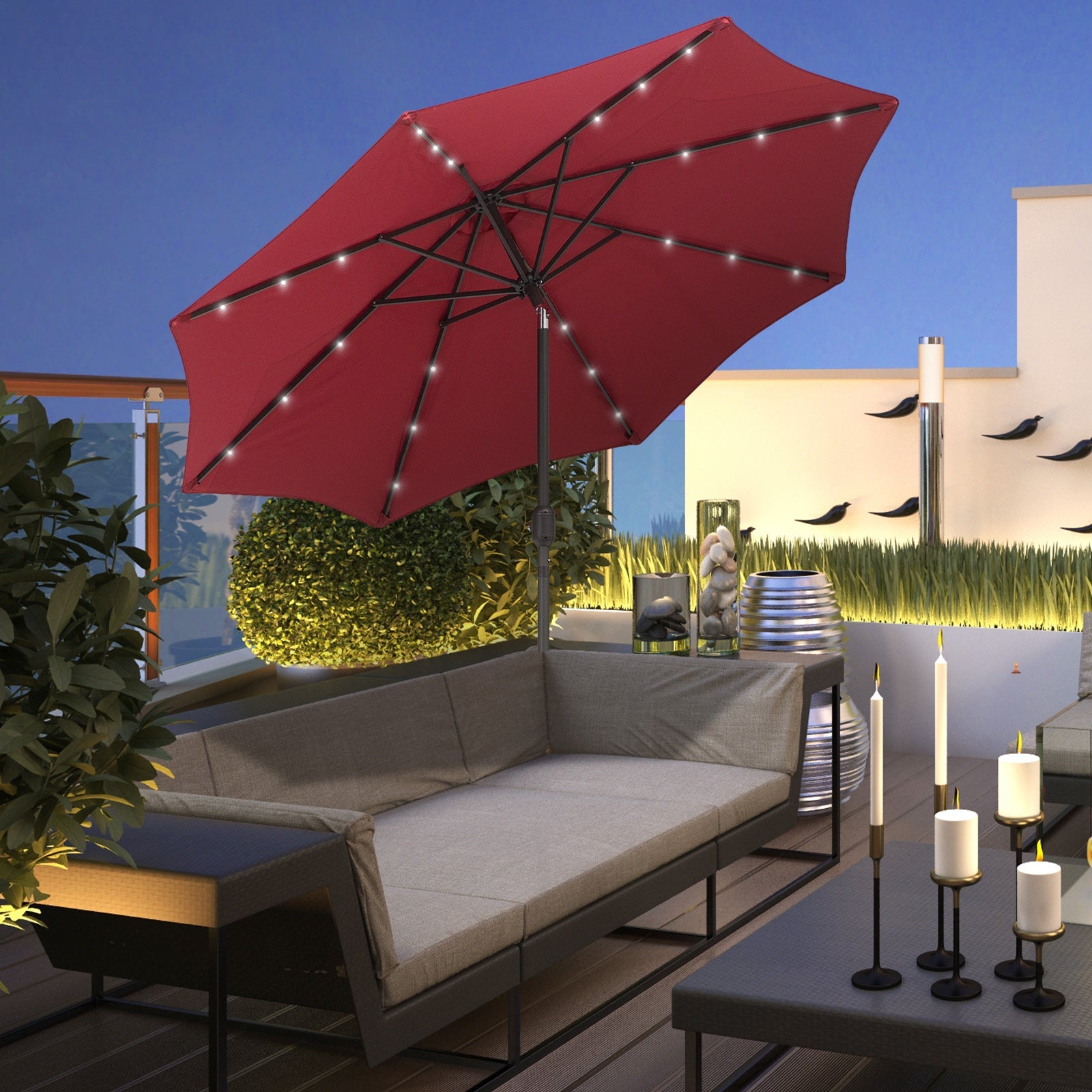 Outsunny 9ft Solar LED Patio Umbrella: Wine Red Tilt Canopy Sunshade for Stylish UV Protection 