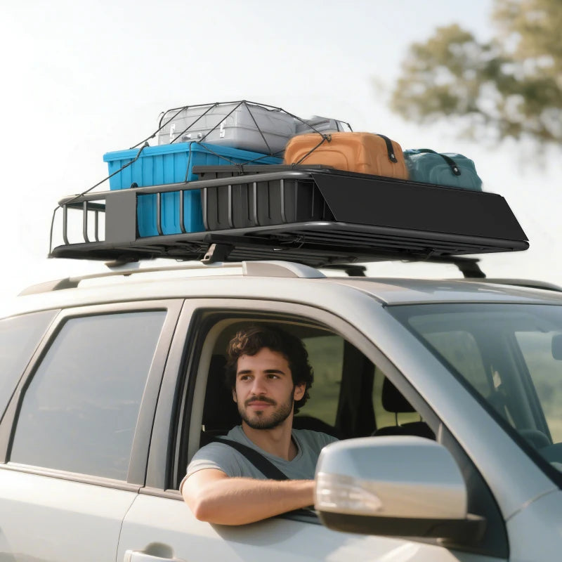 Universal Roof Rack Basket, 200lbs Steel Roof Rack Cargo Carrier with Wind Fairing, Side Rails, 43.5"x39.2"x7.3", Black