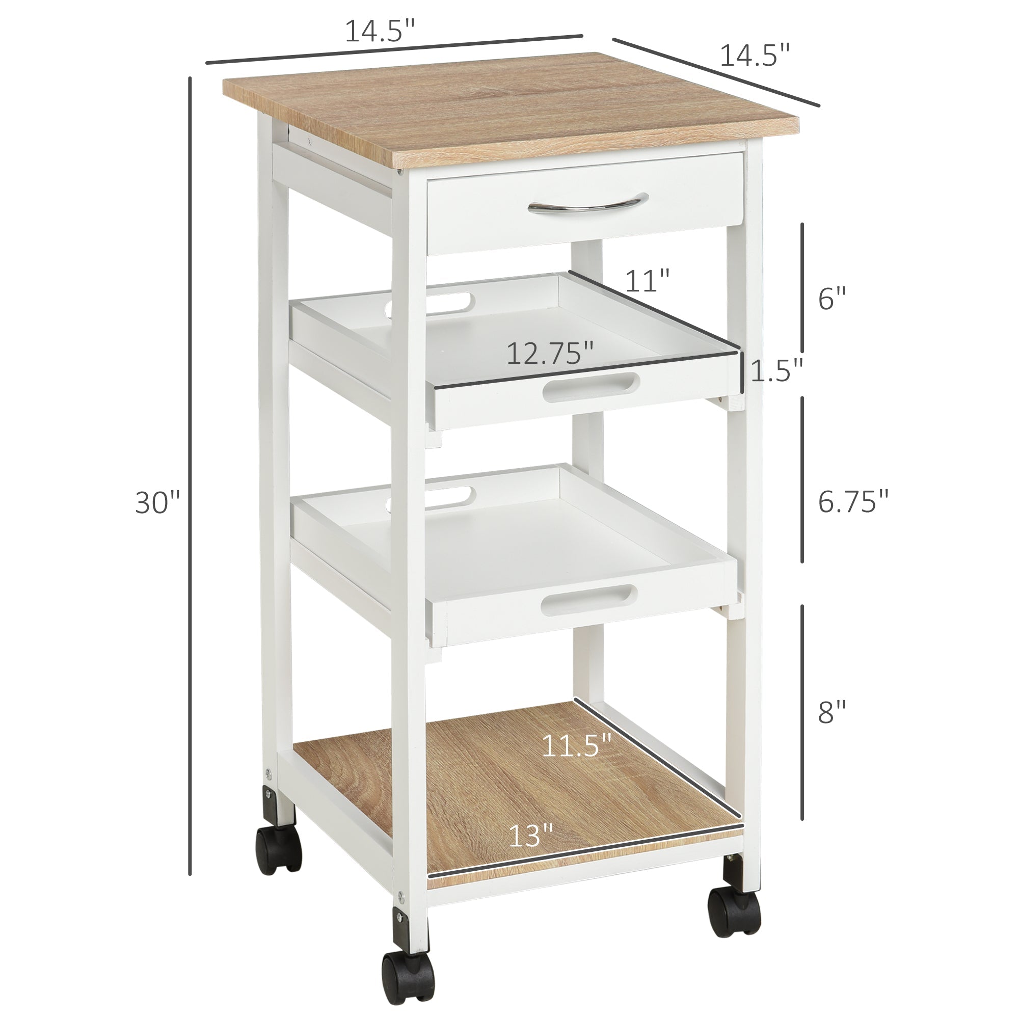 HOMCOM Culinary Caddy: 4-Tier Serving Trolley Kitchen Cart with Drawer, Pull Out Trays, Rolling Wheels for Dining Room, White Finish 
