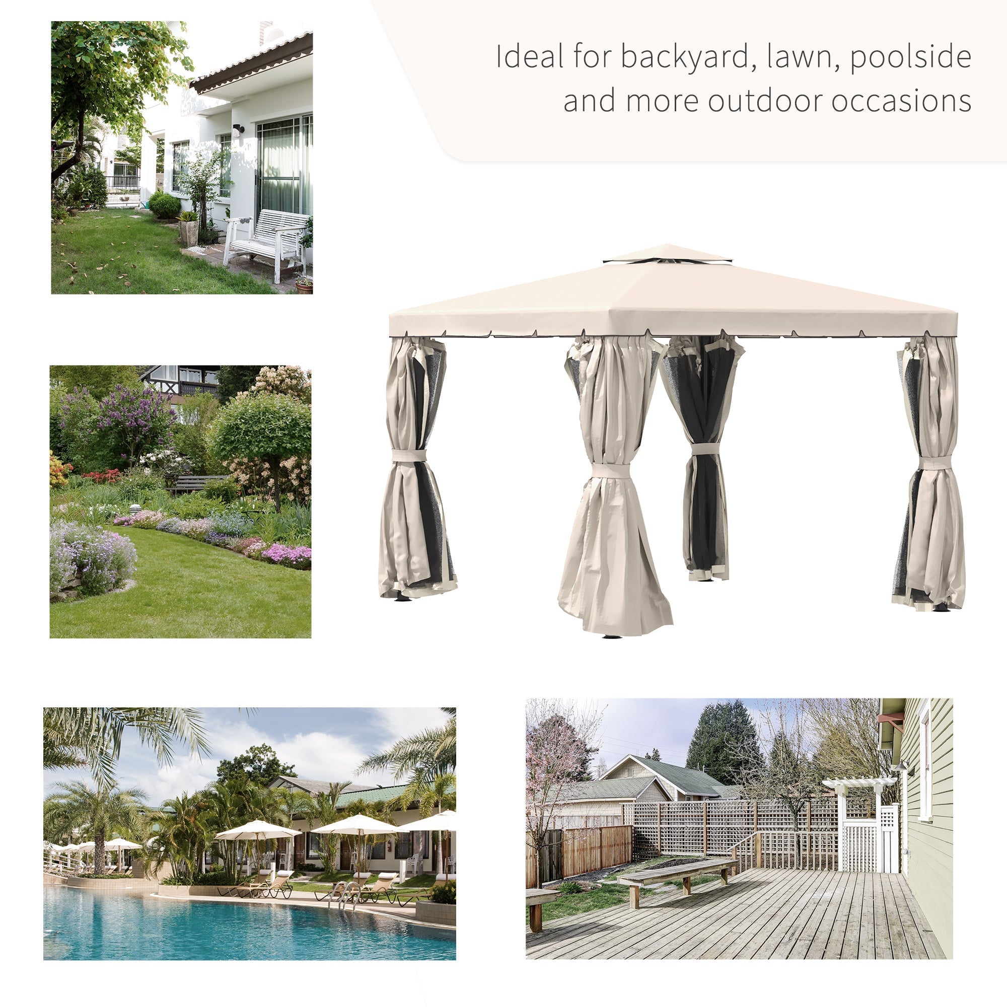 Outsunny 10' x 10' Outdoor Patio Gazebo Double Soft-top Garden Shelter Tent with Polyester Curtains, & Mesh Screen Drapes, Cream 