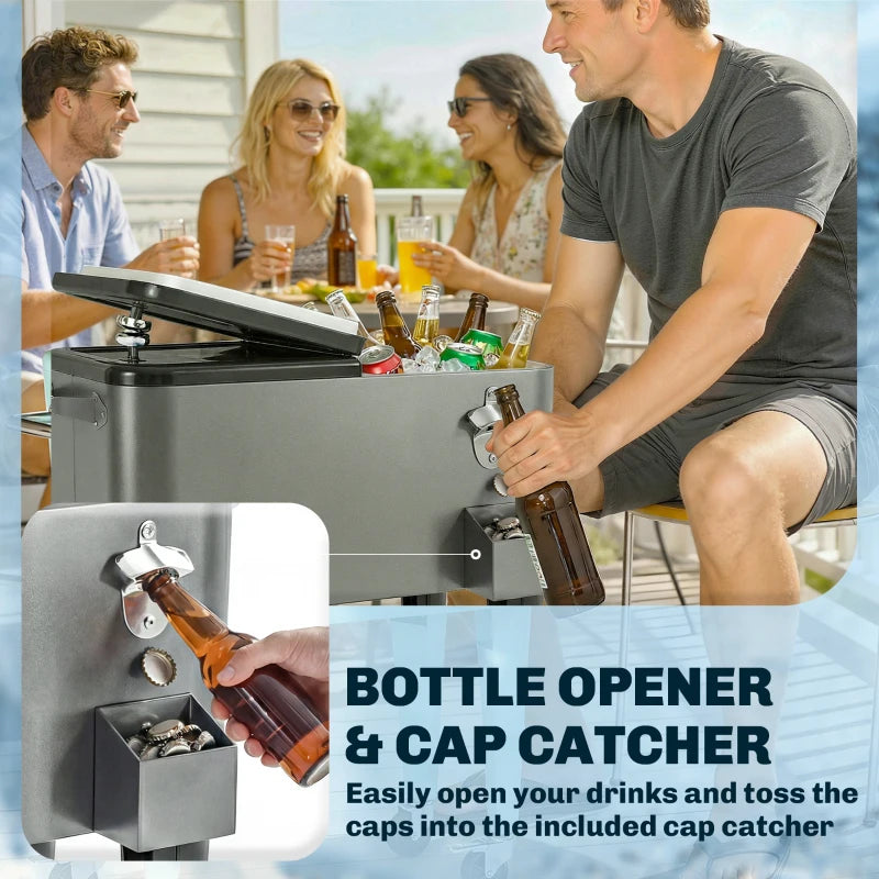 80 Quart Rolling Patio Cooler Cart with Storage Shelf, Patio Cooler with Locking Wheels, Bottle Opener & Cap Catcher