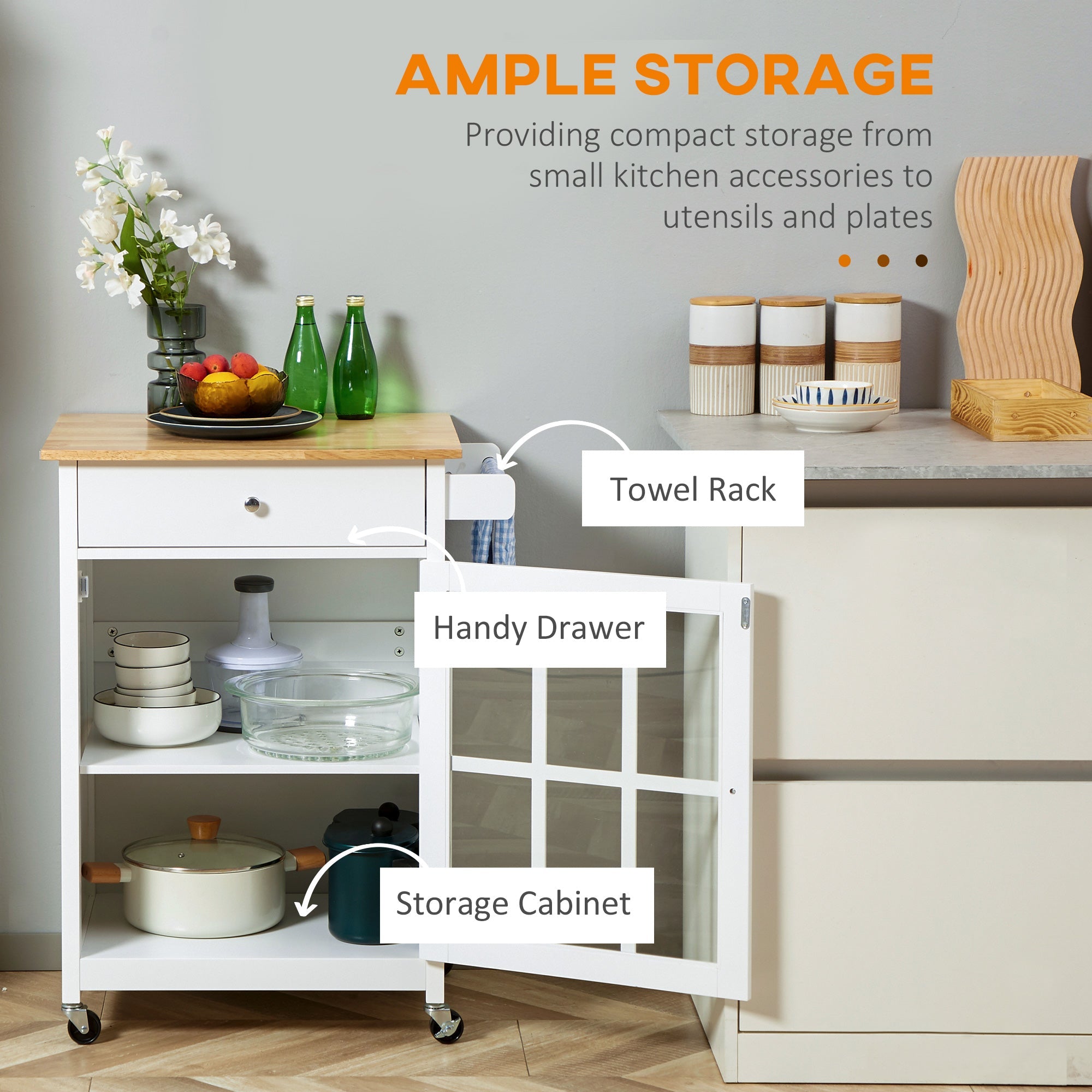 HOMCOM Kitchen Elegance: Rolling Cart Island with Drawer, Glass Door Cabinet, Towel Rack, White Finish 