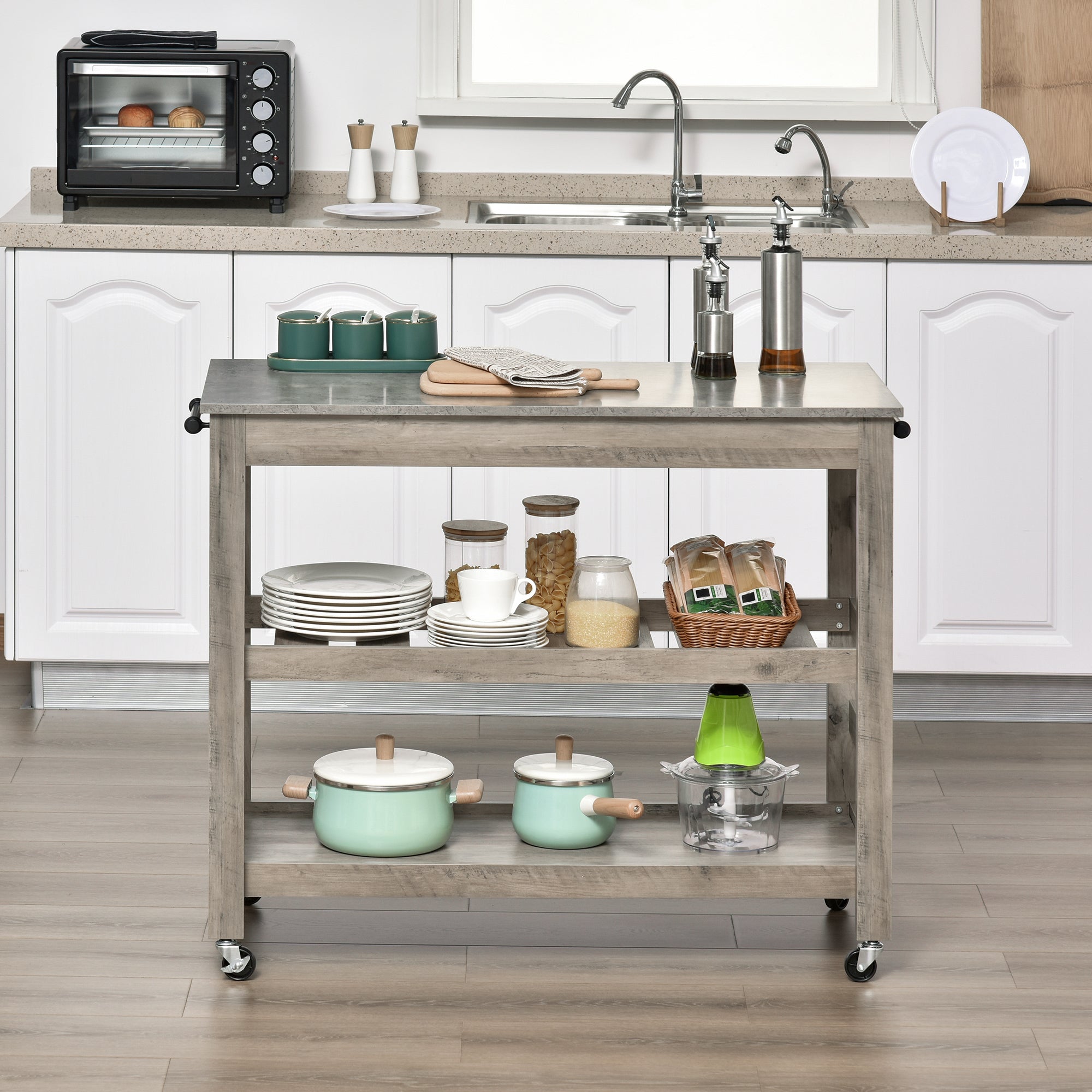 HOMCOM Culinary Companion: Rolling Kitchen Island Cart with Concrete Effect Top, Wine Rack Storage, Grey Utility Trolley 