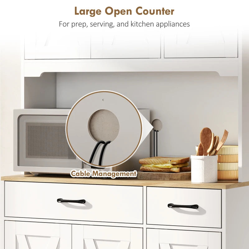 Tall Kitchen Pantry, 6 Doors, 2 Drawers, Adjustable Shelves & Worktop, Rustic Storage Cabinet for Living Room White