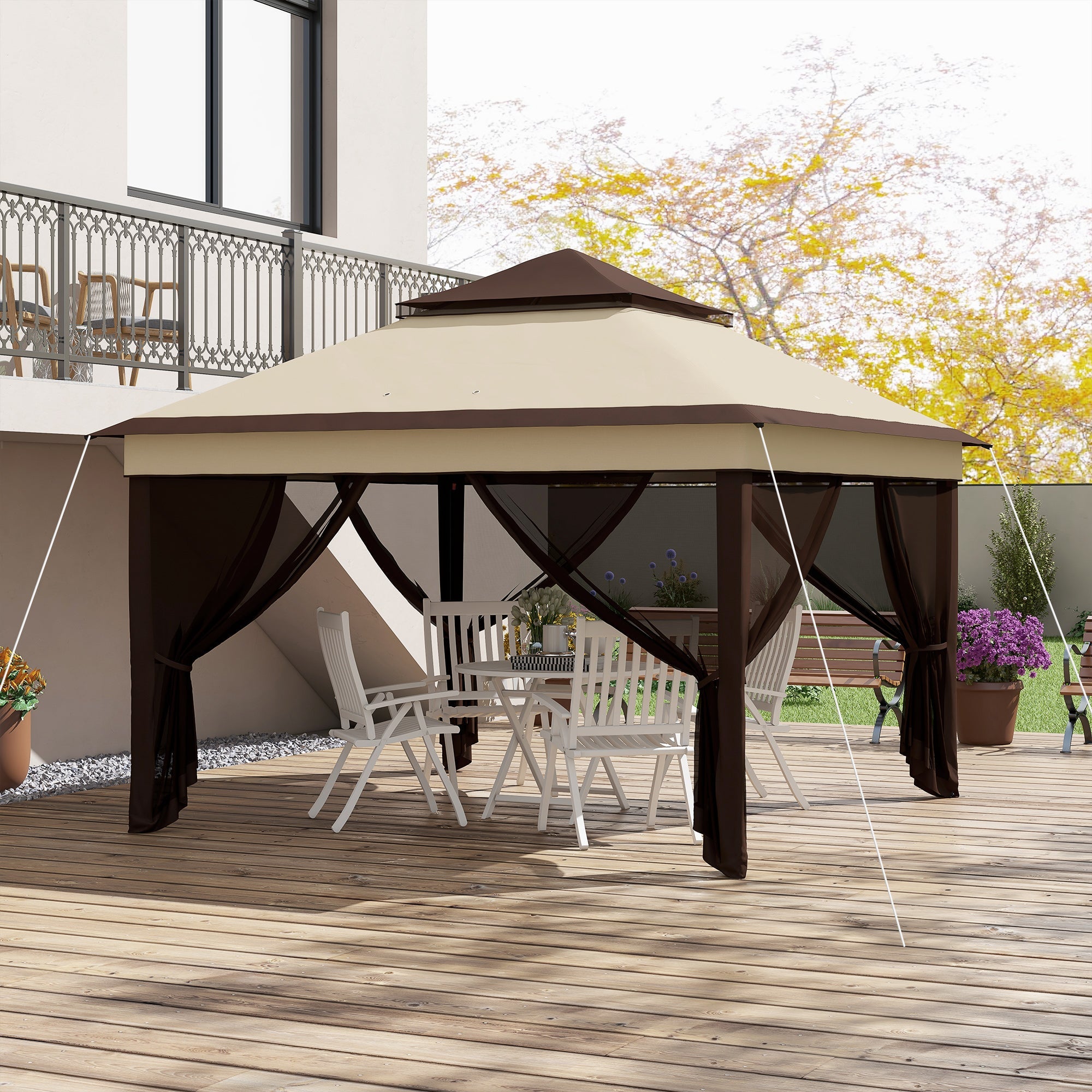 Outsunny 10.7 x 10.7ft Pop Up Gazebo, Adjustable Instant Sun Shelter with UV30+ Roof Cover, Removable Mesh Curtains, Beige 
