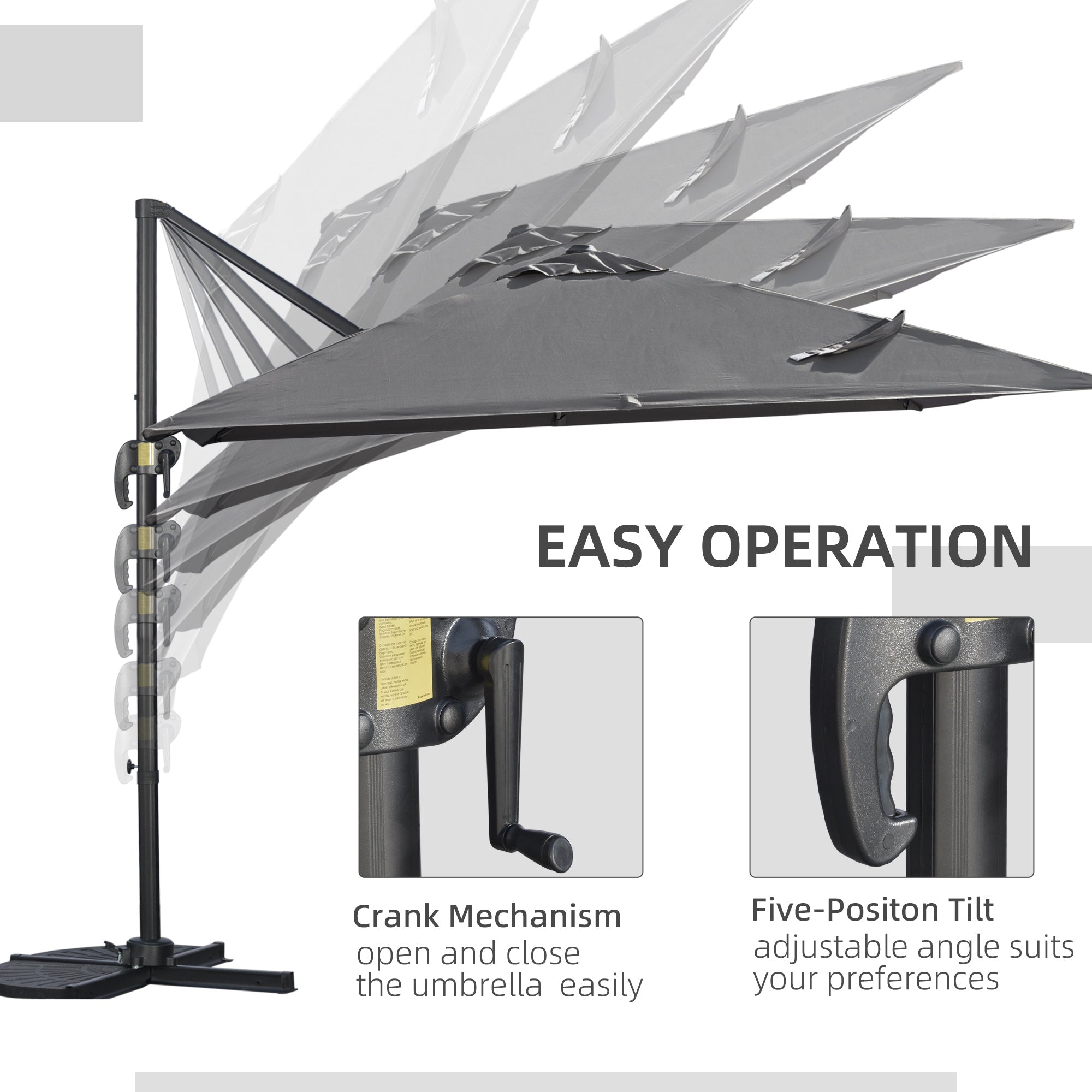 Outsunny 105" x 105" x 98" Cantilever Patio Umbrella with Cross Base, Crank Handle, Tilt, 360° Rotation and Aluminum Frame, Dark Grey 