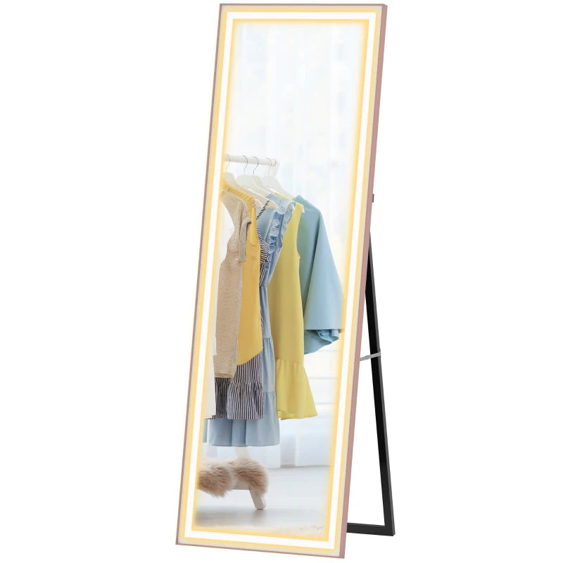 LED Mirror with Dimmable and 3 Colour Lights, 64" x 21" Rectangular Floor Mirror for Bedroom Living Room, Pink