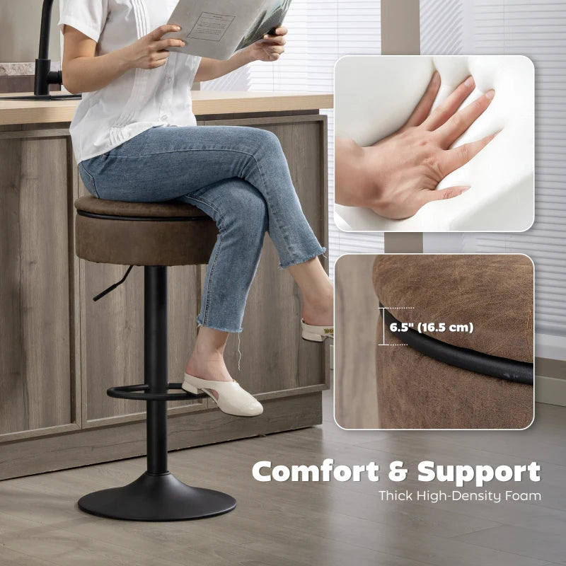 Set of 2 Barstools with Storage, Swivel Bar Stools with PU Leather Upholstered, Footrest, Steel Base, Brown