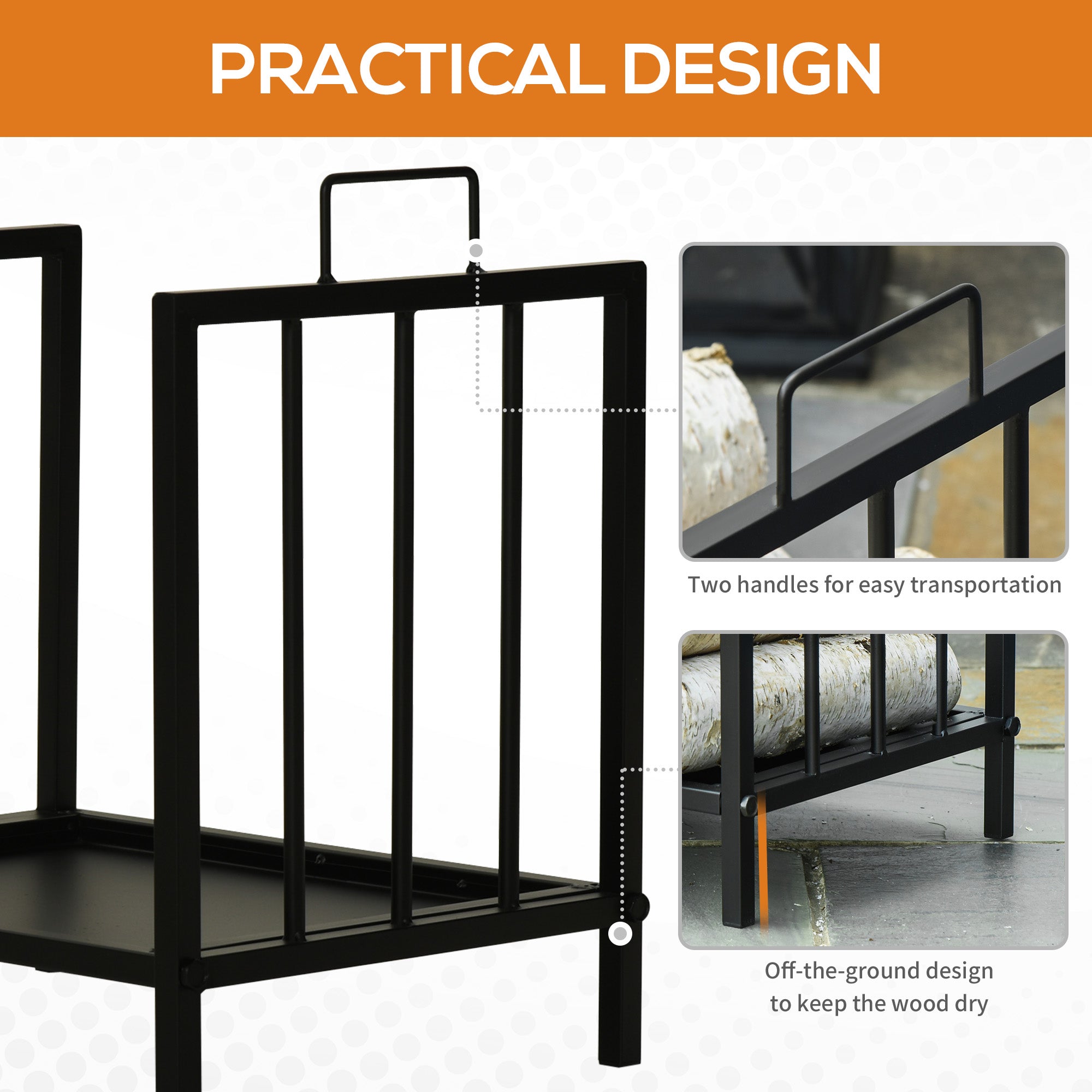 Outsunny 15.5" Firewood Rack Heavy-Duty Metal Wood Storage Log Holder with Side Handles, Indoor and Outdoor, Black 