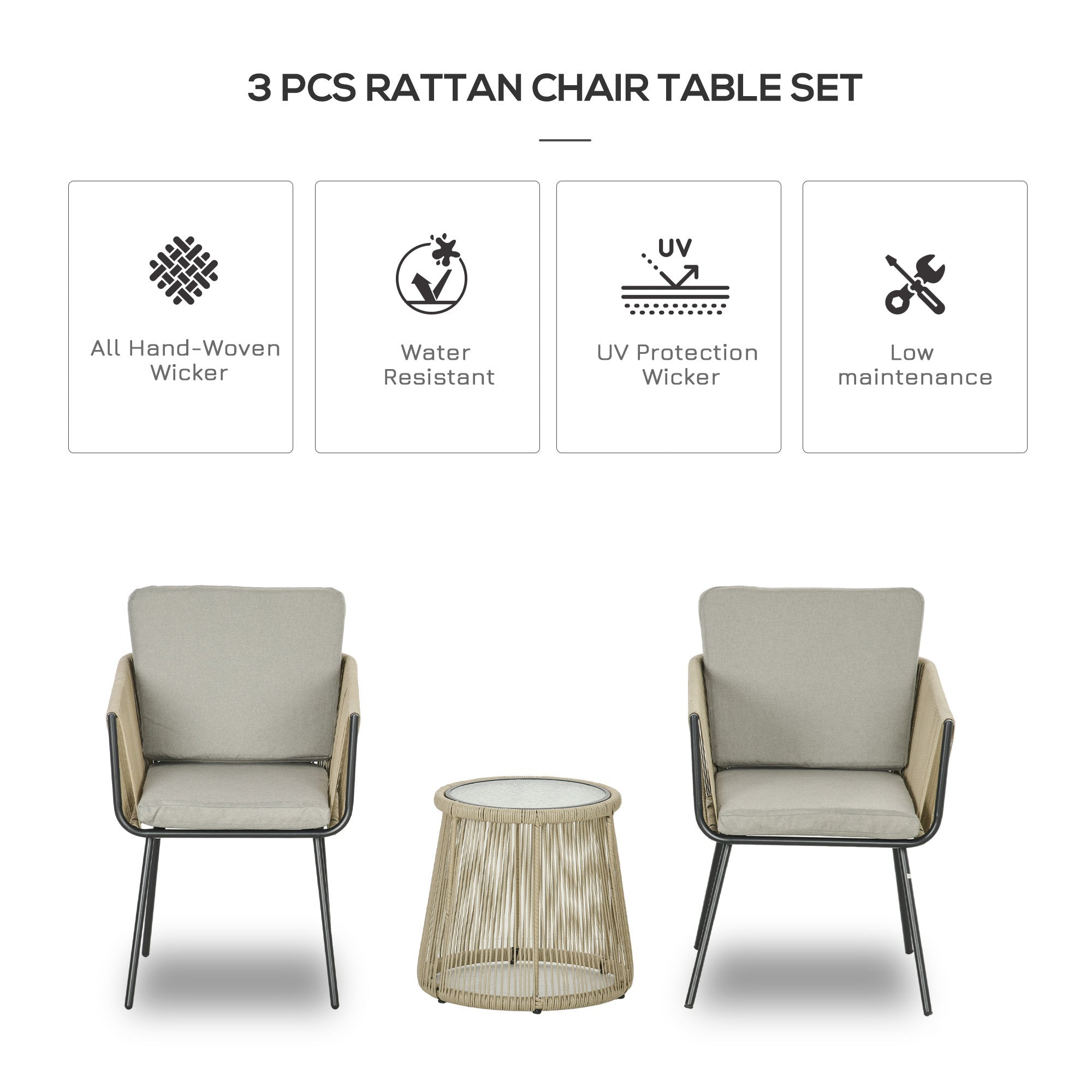 Outsunny Outdoor Patio Bistro Set 3 Piece Light Grey Wicker Rattan Furniture Metal Legs Garden Backyard Deck 