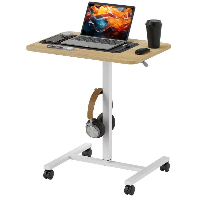 Height Adjustable Standing Desk, Pneumatic Sit Stand Desk with Wheels and Headphone Hook, Natural Wood Grain