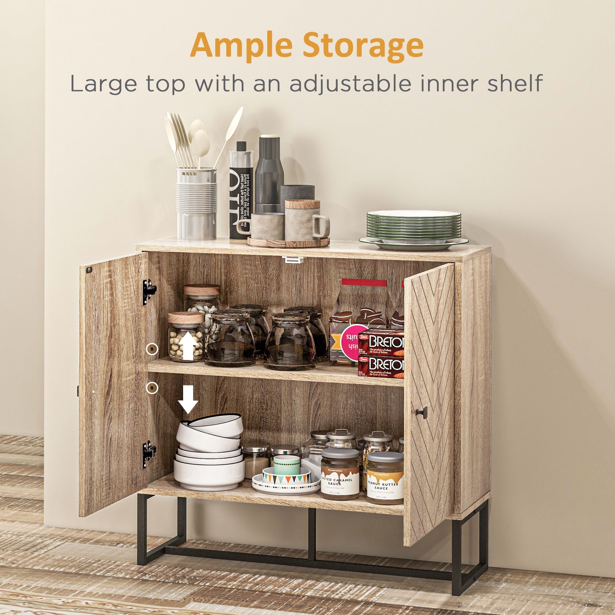 HOMCOM Mid-Century Sideboard: Storage Cabinet with Dining Buffet Table, Adjustable Shelf, Metal Base, Natural Finish 