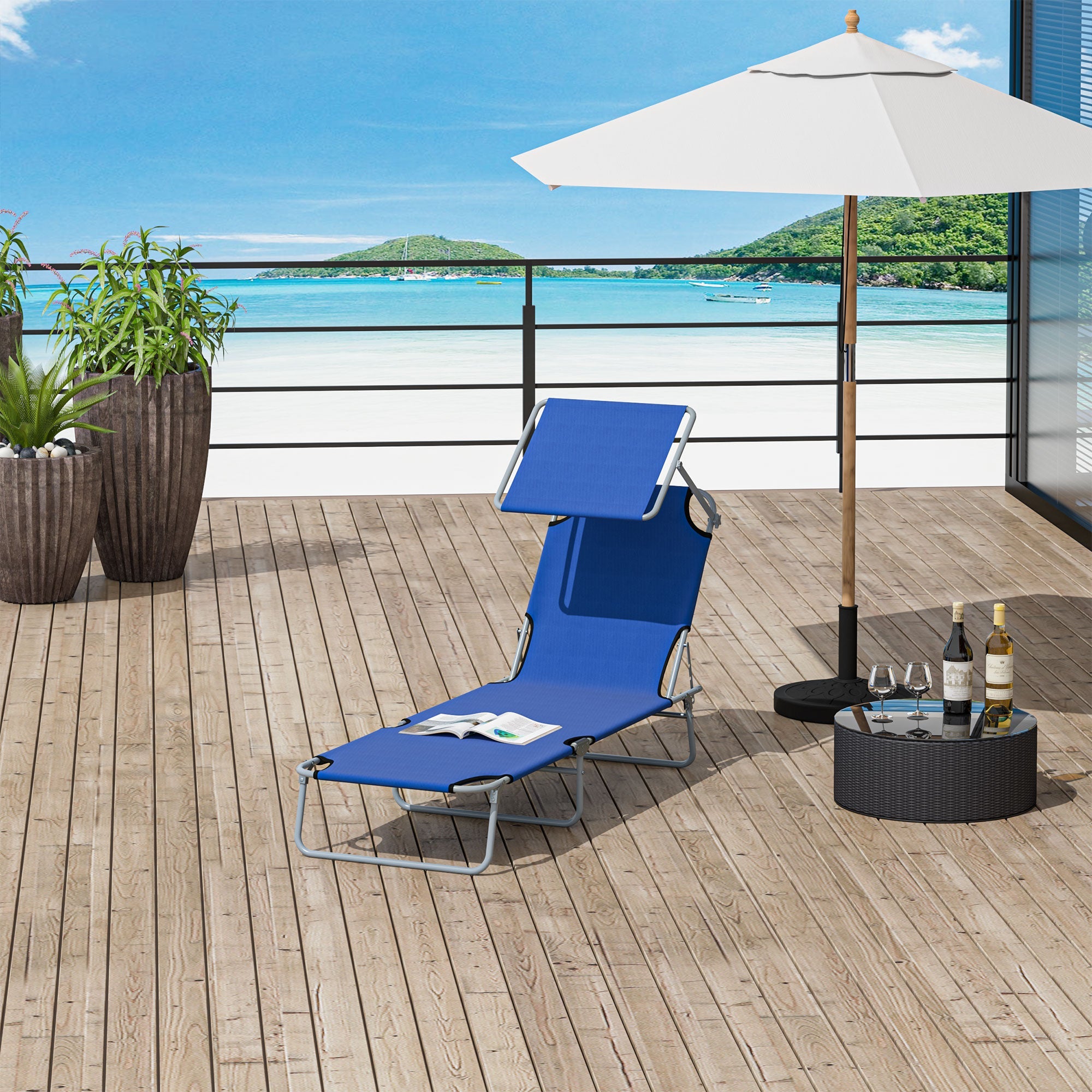 Outsunny Garden Chaise Lounge Adjustable Outdoor Camping Beach Bed with Sun Shade Portable Comfort Blue 