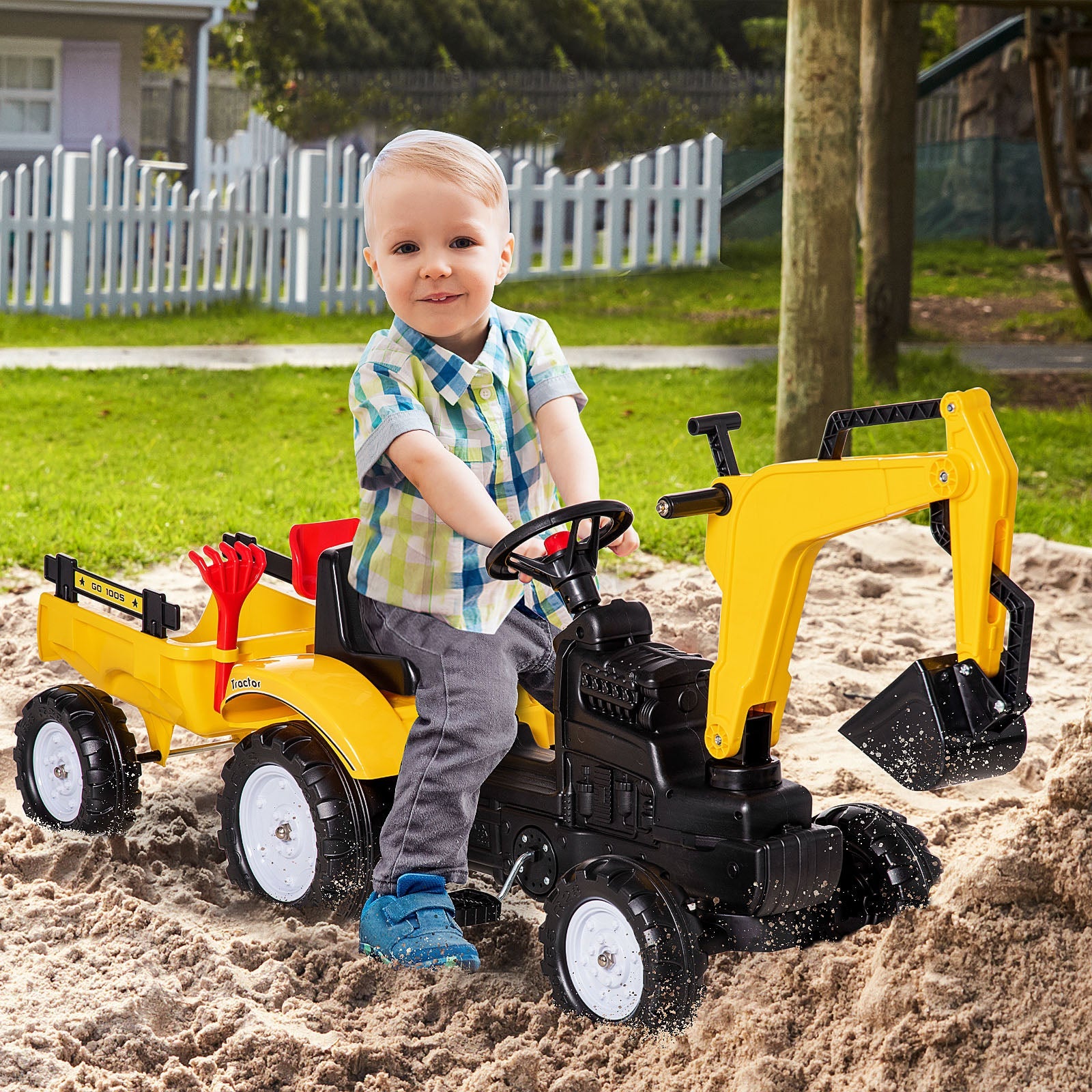 Aosom Yellow Ride-On Pedal Digger Construction Car with Horn Detachable Trailer Kids Toy Vehicle 