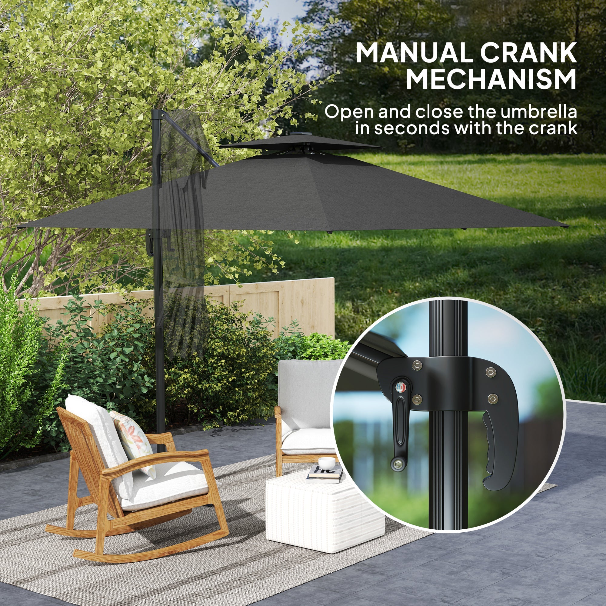 Outsunny 8' Cantilever Patio Umbrella with LED Lights, 360°Rotation, Tilt & Height Adjustment, Crank, Cross Base, Dark Grey 