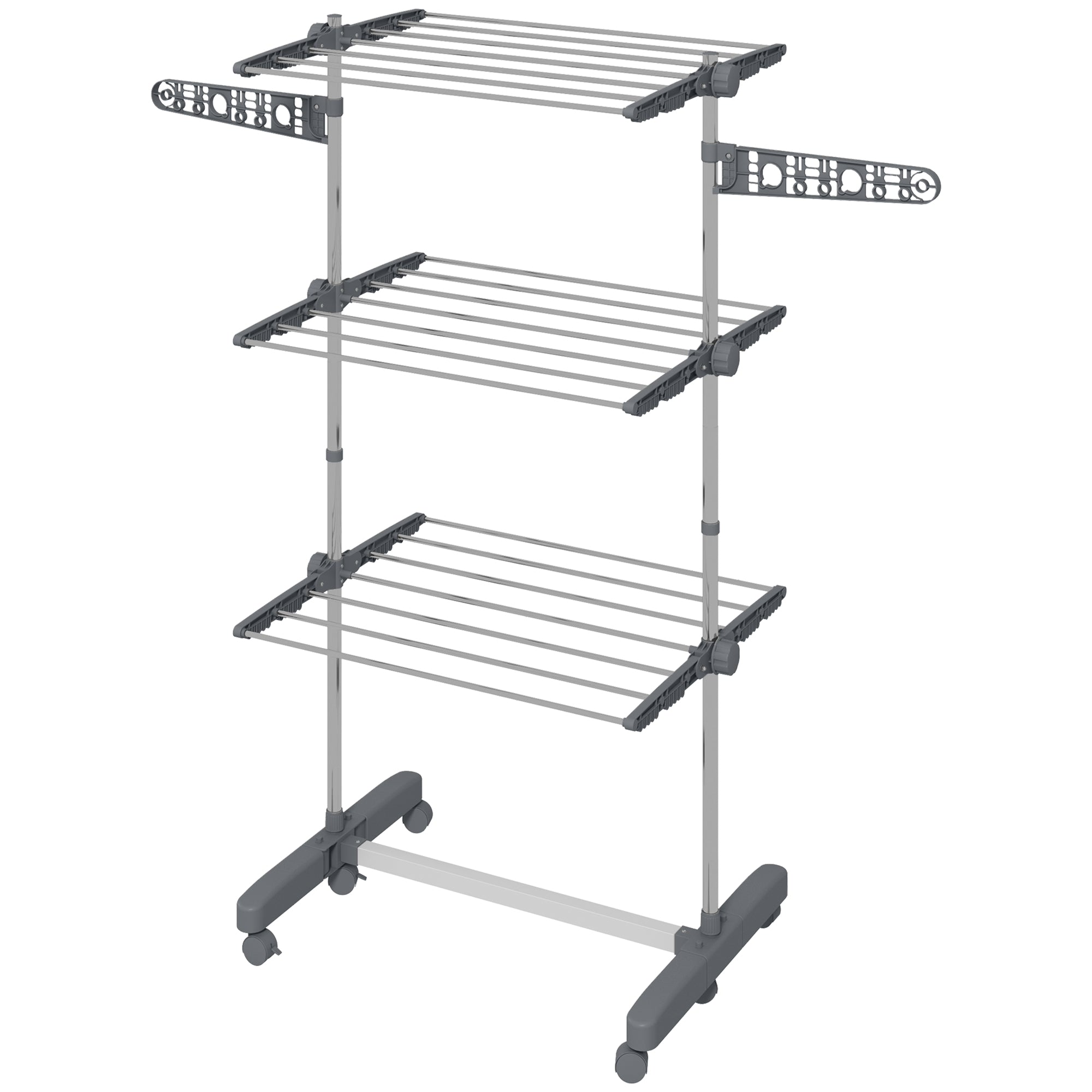 HOMCOM Laundry Rack Drying 3 Layers Stainless Steel Foldable Clothes Airer with Side Wings 6 Castors Grey 