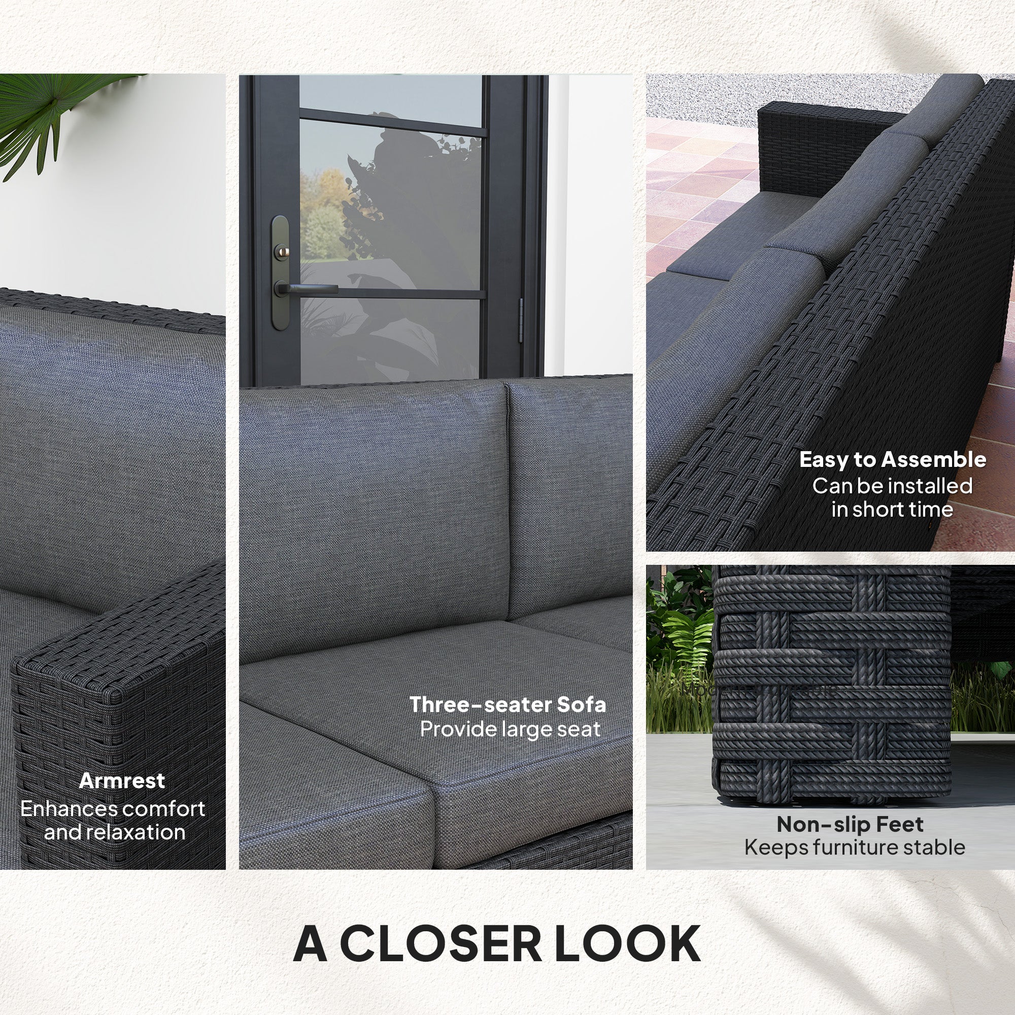 Outsunny Deluxe 3 Seat Rattan Wicker Sofa Garden Outdoor Patio Furniture with Cushion, Grey 
