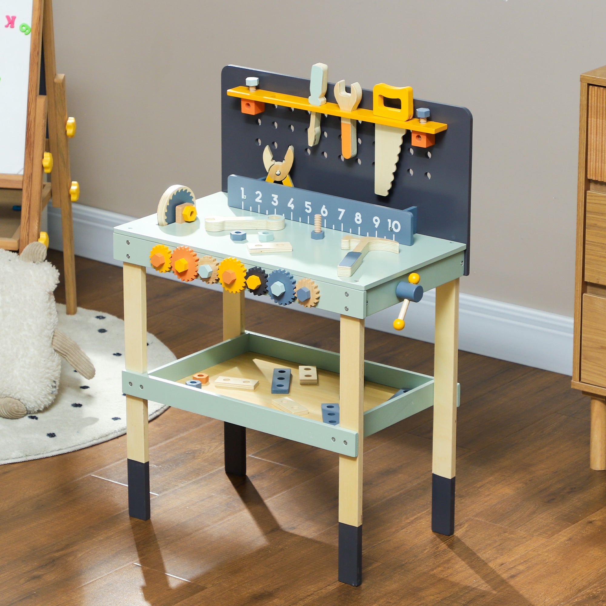 Qaba 49 Piece Kids Workbench Playset for Boys Girls 3-6 Years, Light Blue 
