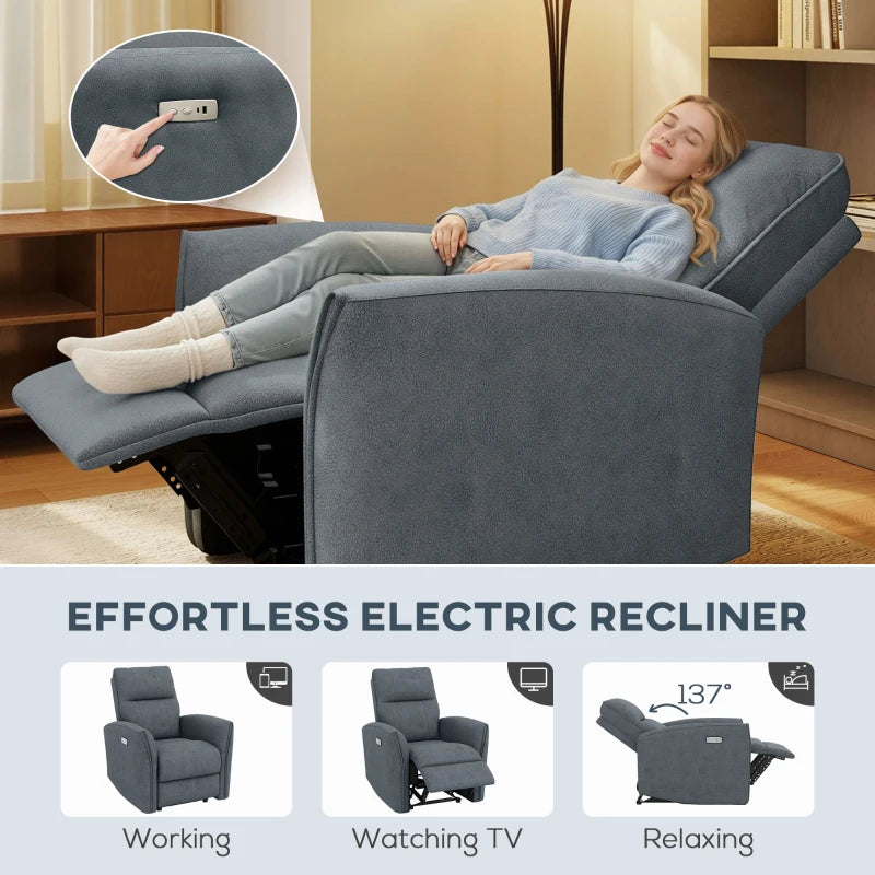 Power Recliner Chair, Fabric Upholstered Recliner Chair with USB Ports, Footrest, Charcoal Grey