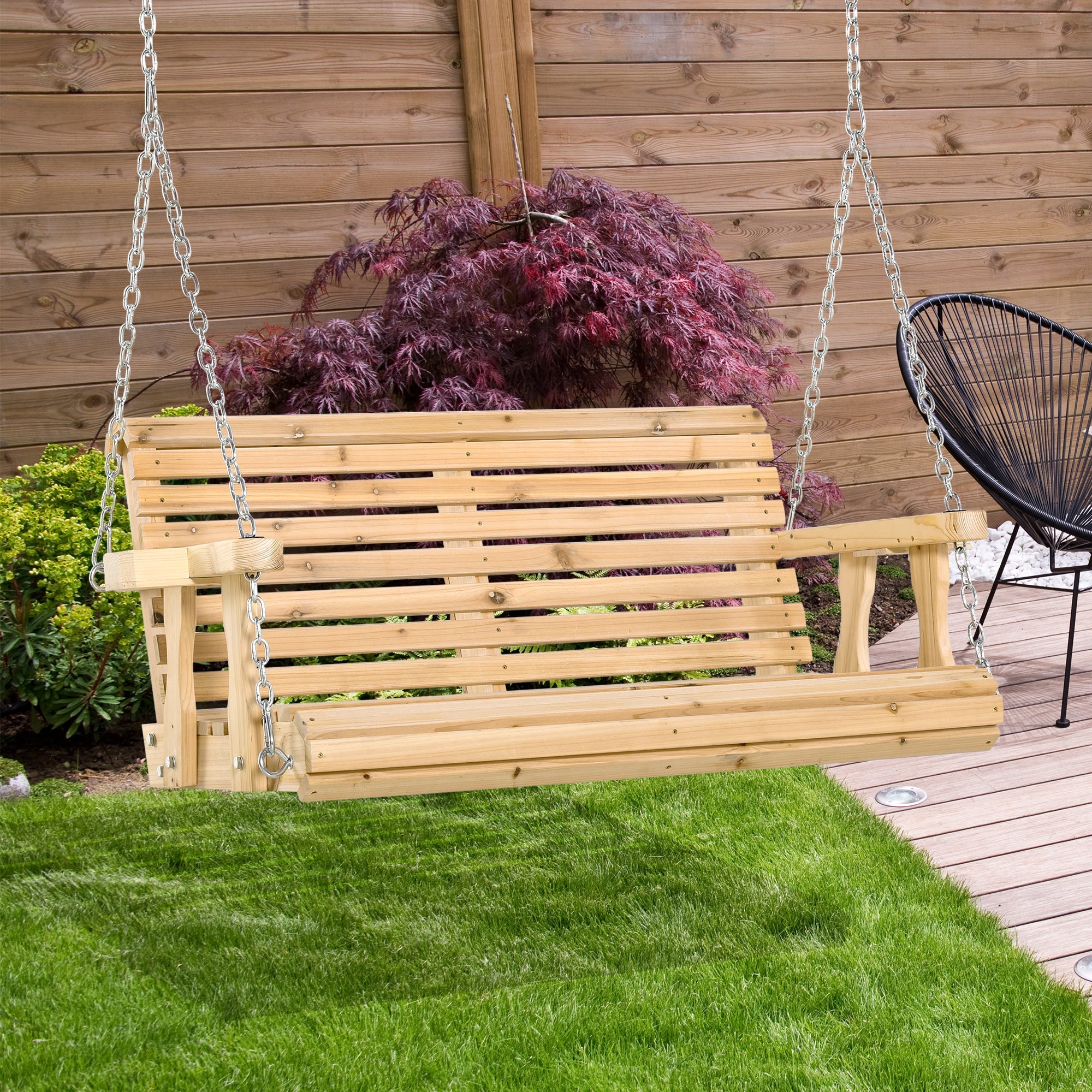 Outsunny 2 Seater Wooden Porch Swing Patio Swing Seat with Cup Holder and Chains Outdoor Swing Bench for Garden Yard, Natural 