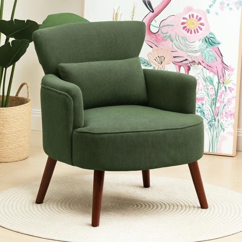 Modern Accent Chair, Upholstered Armchair with Solid Wood Legs and Lumbar Pillow for Living Room, Green