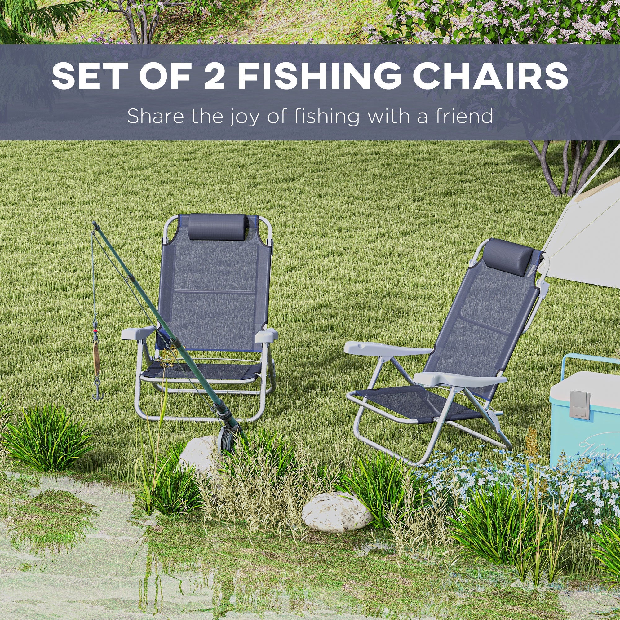 Outsunny Set of 2 Fishing Chairs, Camping Chairs with Adjustable Backrest and Headrest, Folding Chair for Outdoor, Dark Blue 