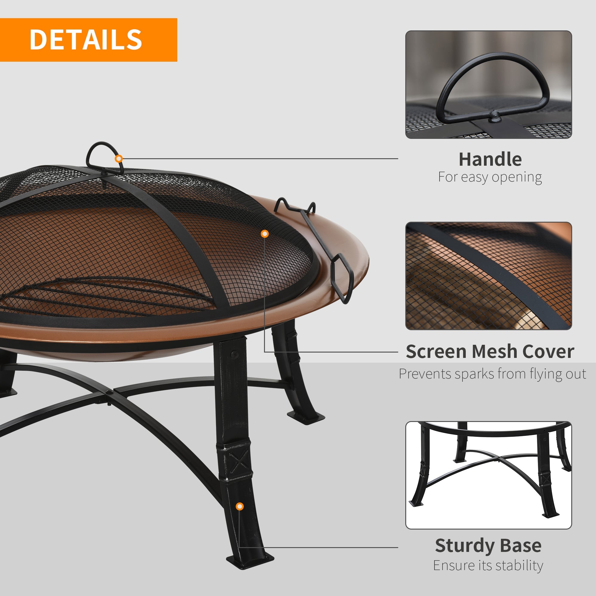 Outsunny 30" Outdoor Fire Pit Bowl, Round Fire Pit with Lid, Log Grate, Poker for Backyard, Camping, Picnic, Bronze 