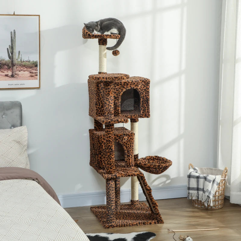 63 Inch Cat Tree with Sisal Scratching Posts, Condos, Plush Perches, Hammock, Ladder, Dangling Balls, Leopard Print