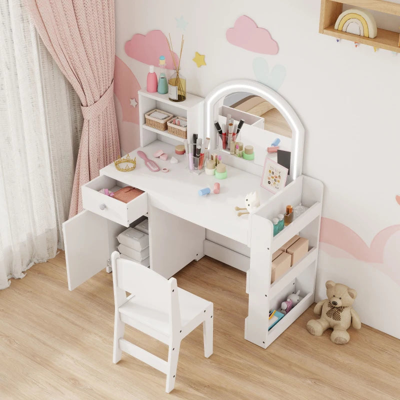 Qaba Kids Vanity Set, Toddler Dressing Table and Chair Set  with Lighted Mirror, Cabinet, Drawer and Shelves, White