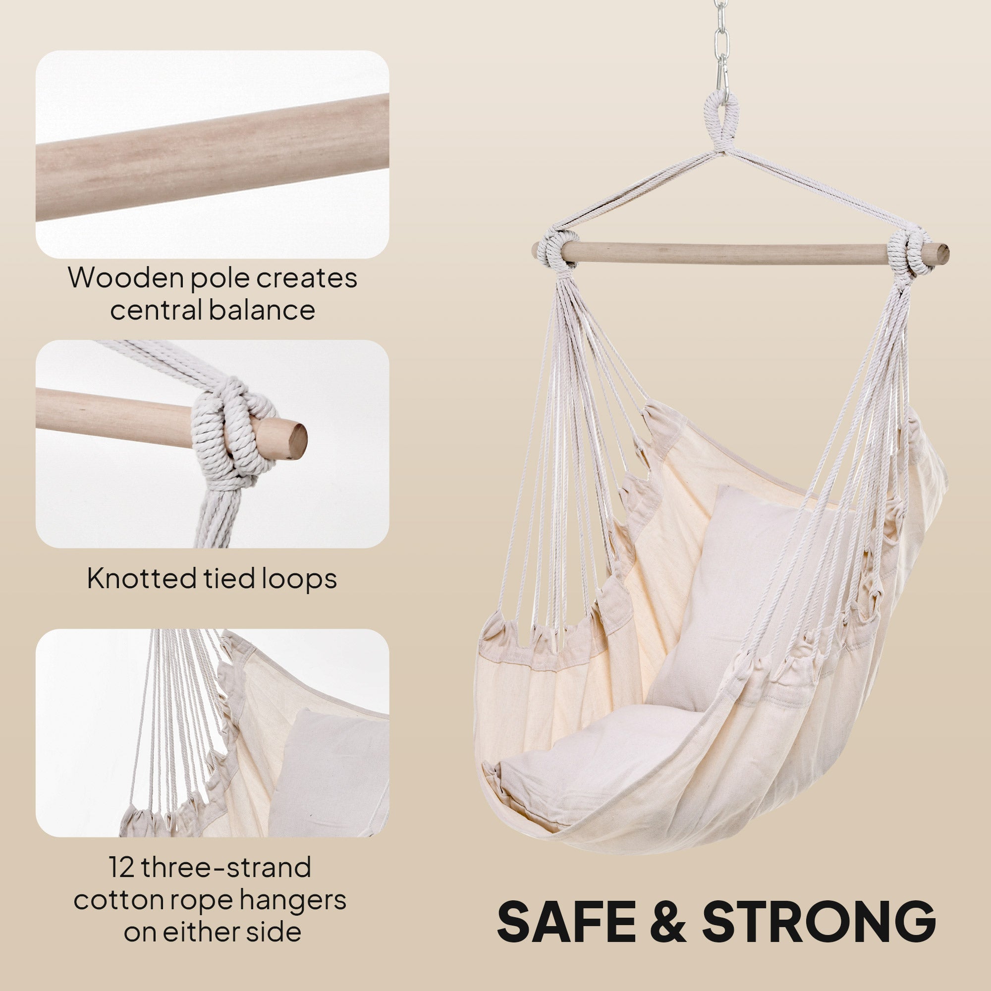 Outsunny Hammock Chair Swing Hanging Macrame Chair Cotton Two Soft Seat Cushions Bedroom Indoor Outdoor Ideal Gift Kids 