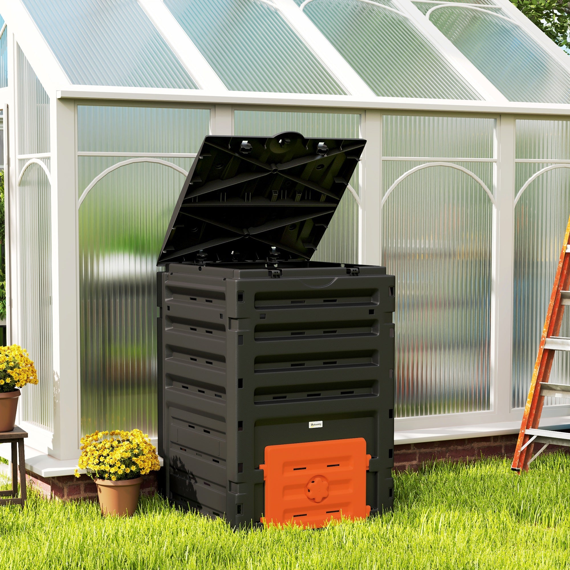 Outsunny Compost Bin, Garden Composter with 80 Vents and 2 Sliding Doors, 120 Gallon (450L), Orange 