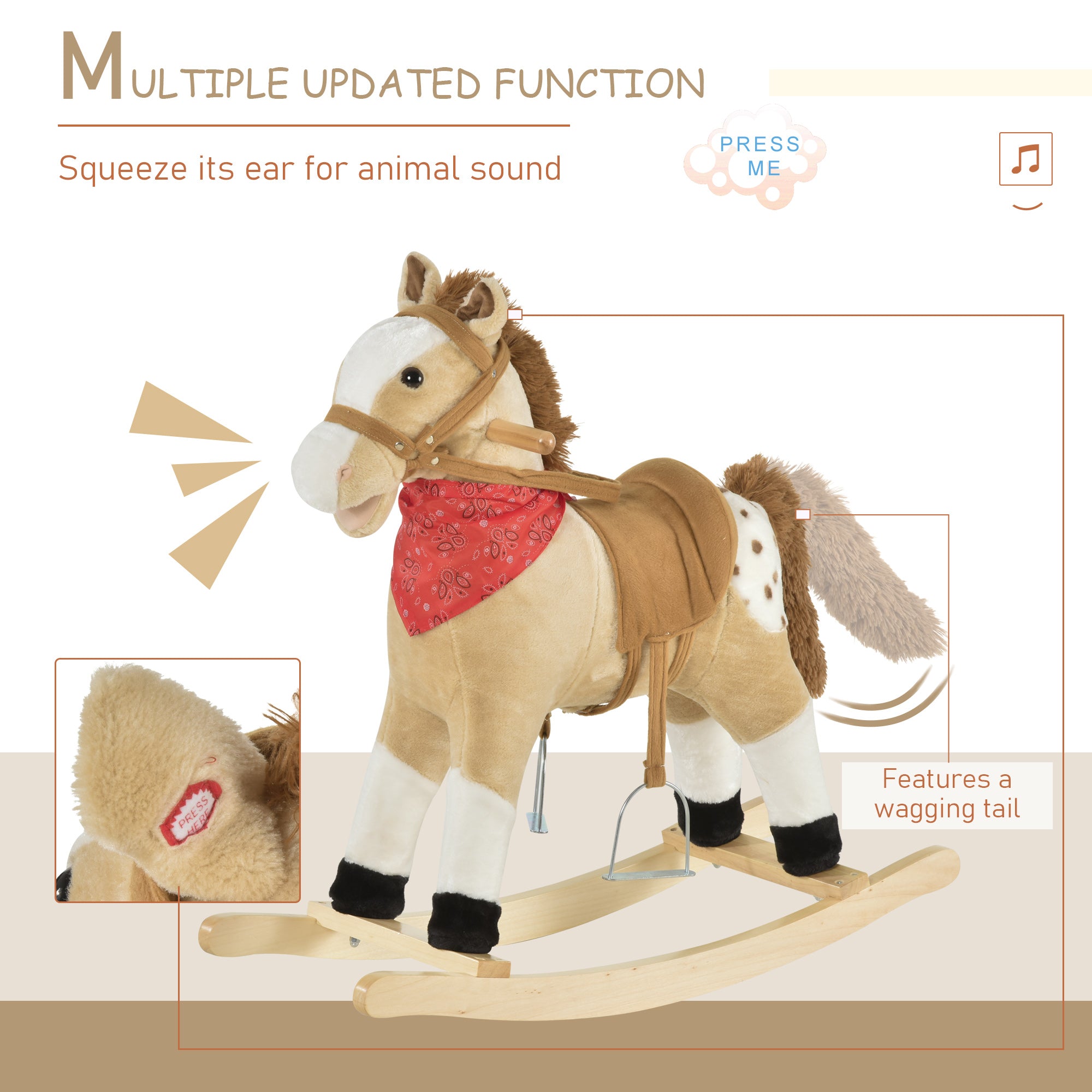 Qaba Kids Plush Ride-On Rocking Horse Toy Cowboy Rocker with Fun Realistic Sounds for Child 3-8 Years Old, Beige 