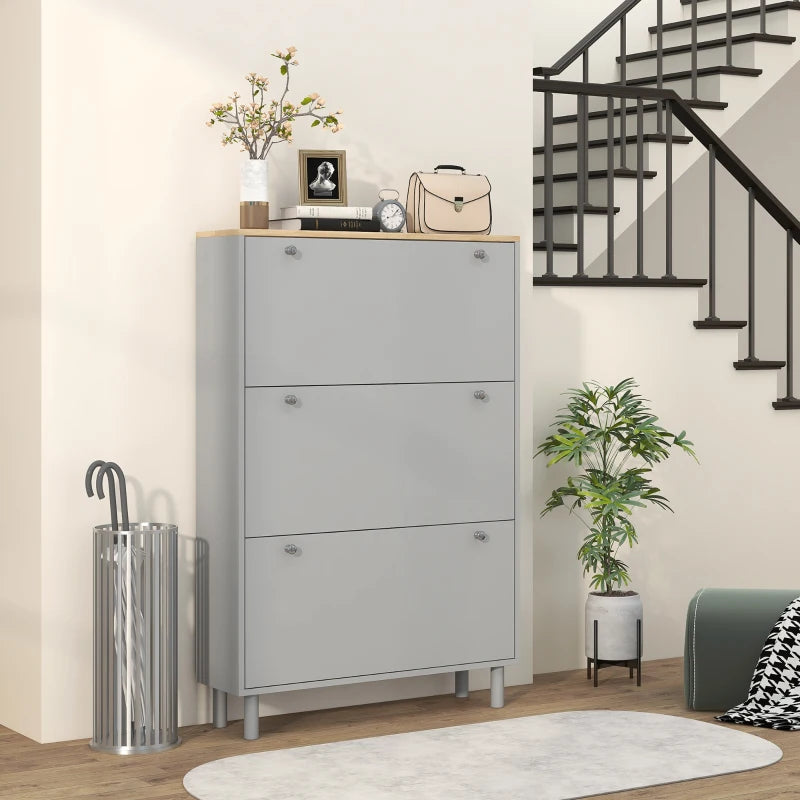 Entryway Shoe Storage Small Modern Flip-Flop Shoe Cabinet with 3 Flip Drawers Adjustable Shelves for 24 Pairs of Shoes, Grey
