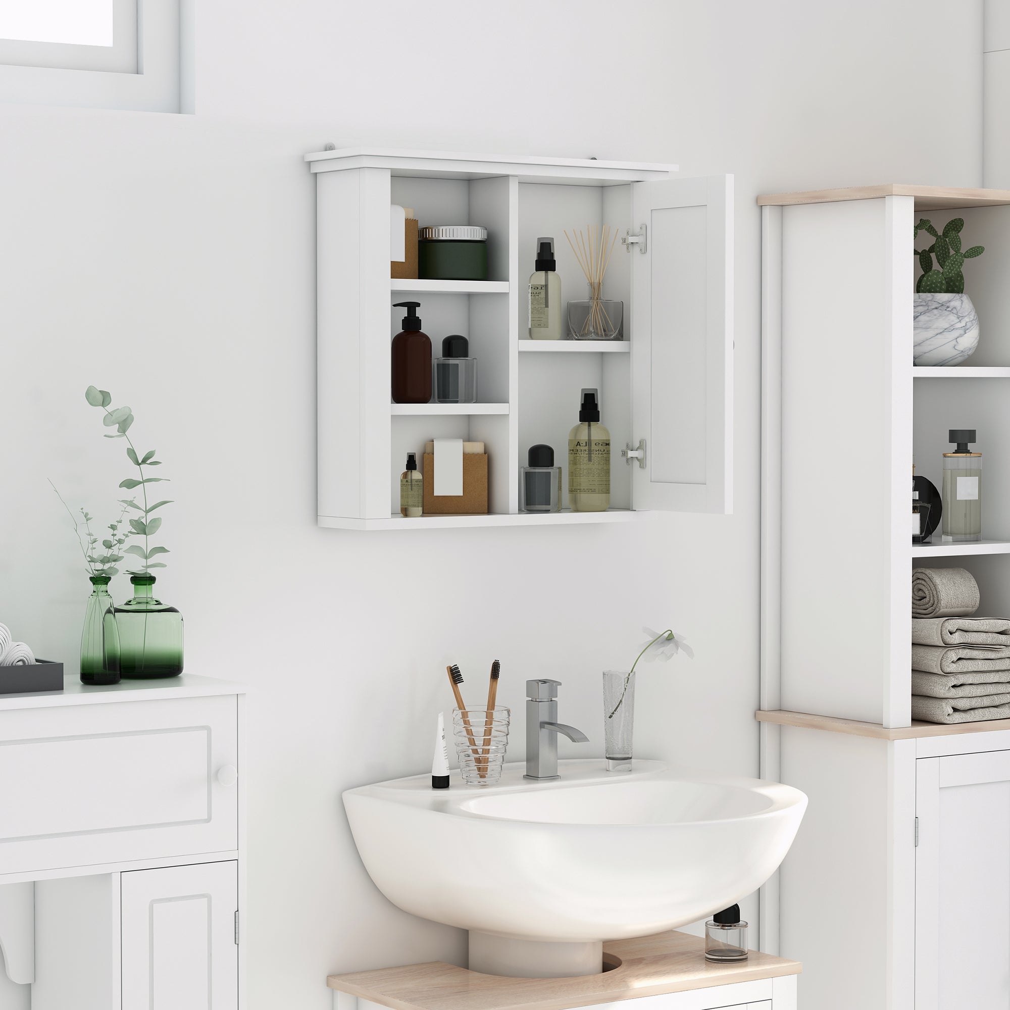 HOMCOM White Wall-Mounted Cabinet: 3-Shelf Bathroom Medicine Storage for Organized Laundry Rooms & Hallways 