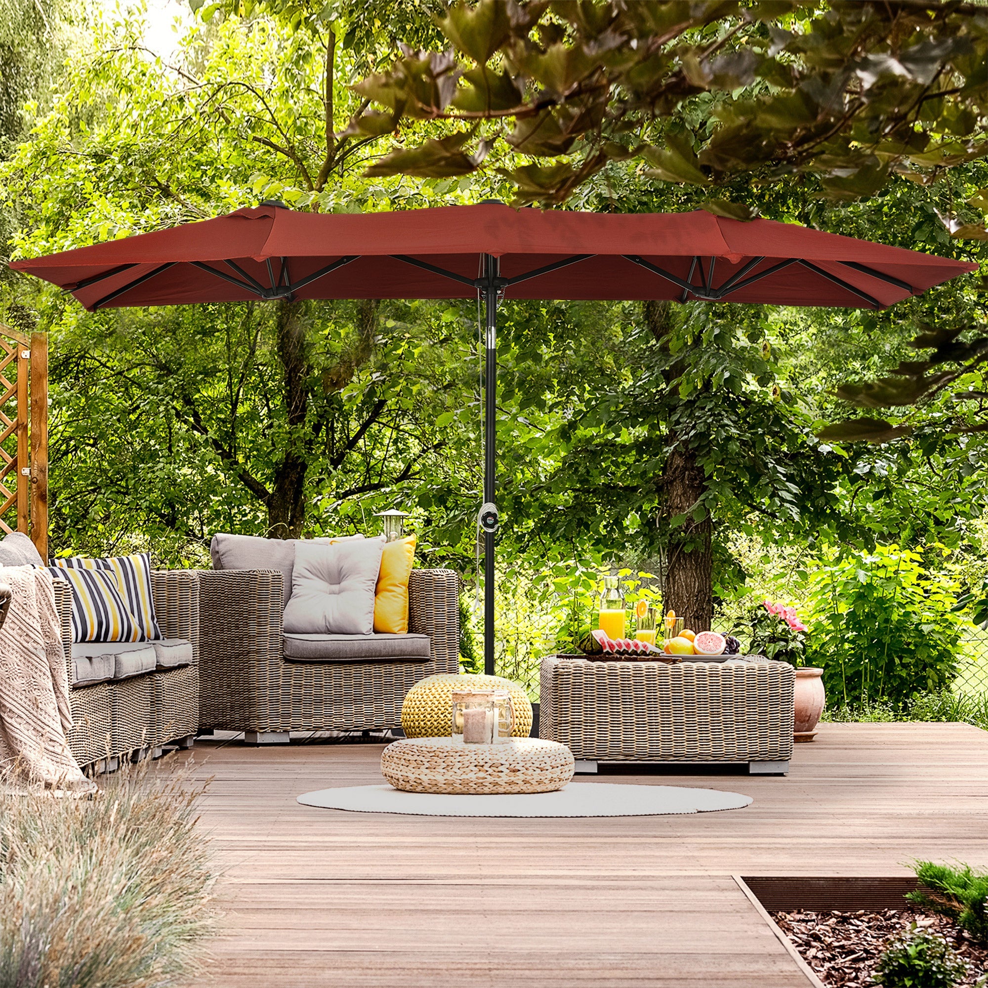Outsunny Double Sided Patio Umbrella with Adjustable Height Tilt Function Vents 12 Ribs for Outdoor Garden Deck Pool Wine Red 