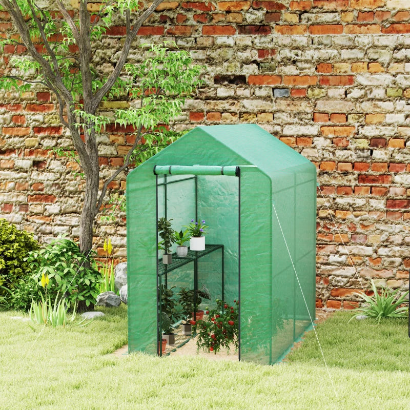 Walk-in Greenhouse Outdoor Portable Plant Flower Growth Warm House with Roll-up Door, 73" x 47" x 75", Green