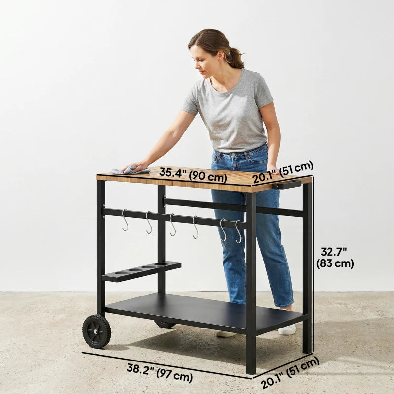 Outdoor Grill Cart, 2-Tier Pizza Oven Stand, BBQ Stand with Beverage Holder, Hooks, Wheels, Black and Brown