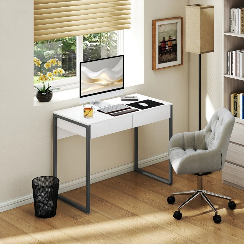 High Gloss Home Office Desk, 39" x 20" Computer Desk with 2 Drawers for Small Spaces, White and Grey