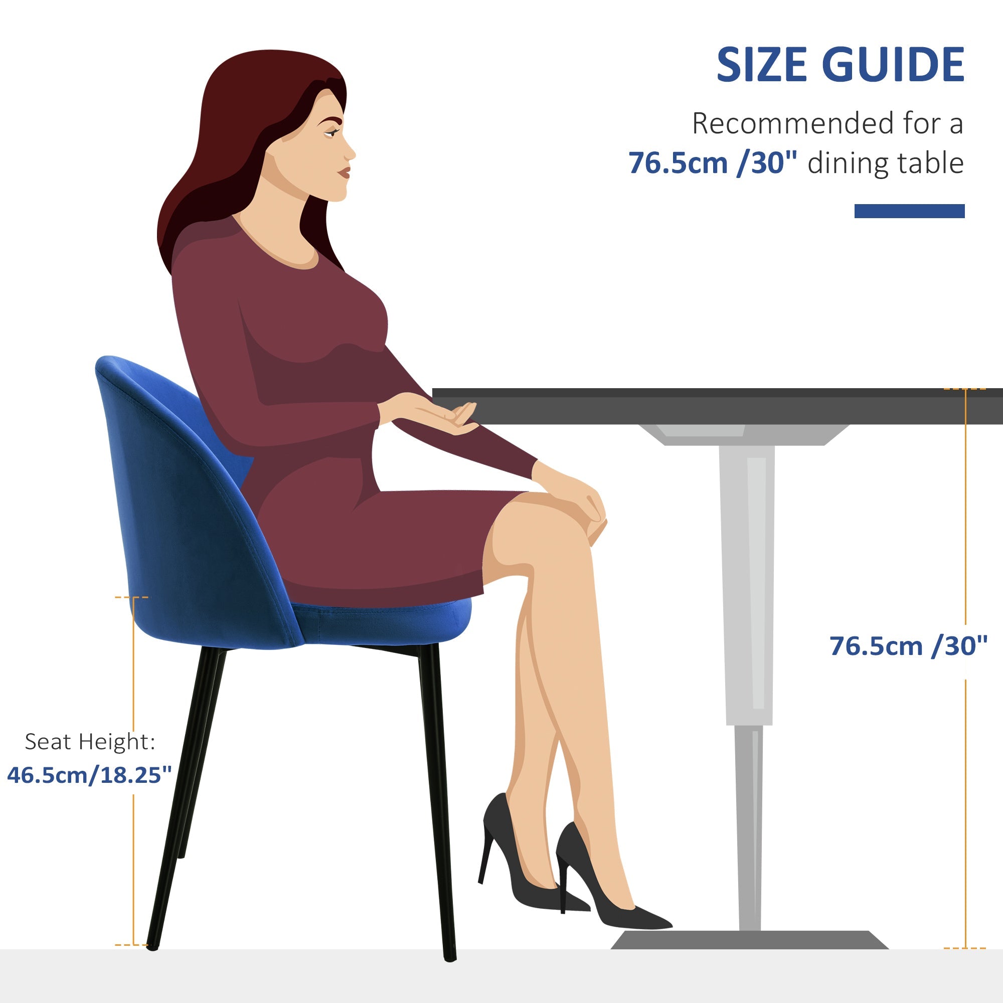 HOMCOM Modern Dining Chairs, Mid-Back Velvet-touch Upholstery Side Chair, Table Chair for Living Room, Dining Room, Dark Blue, Set of 4 