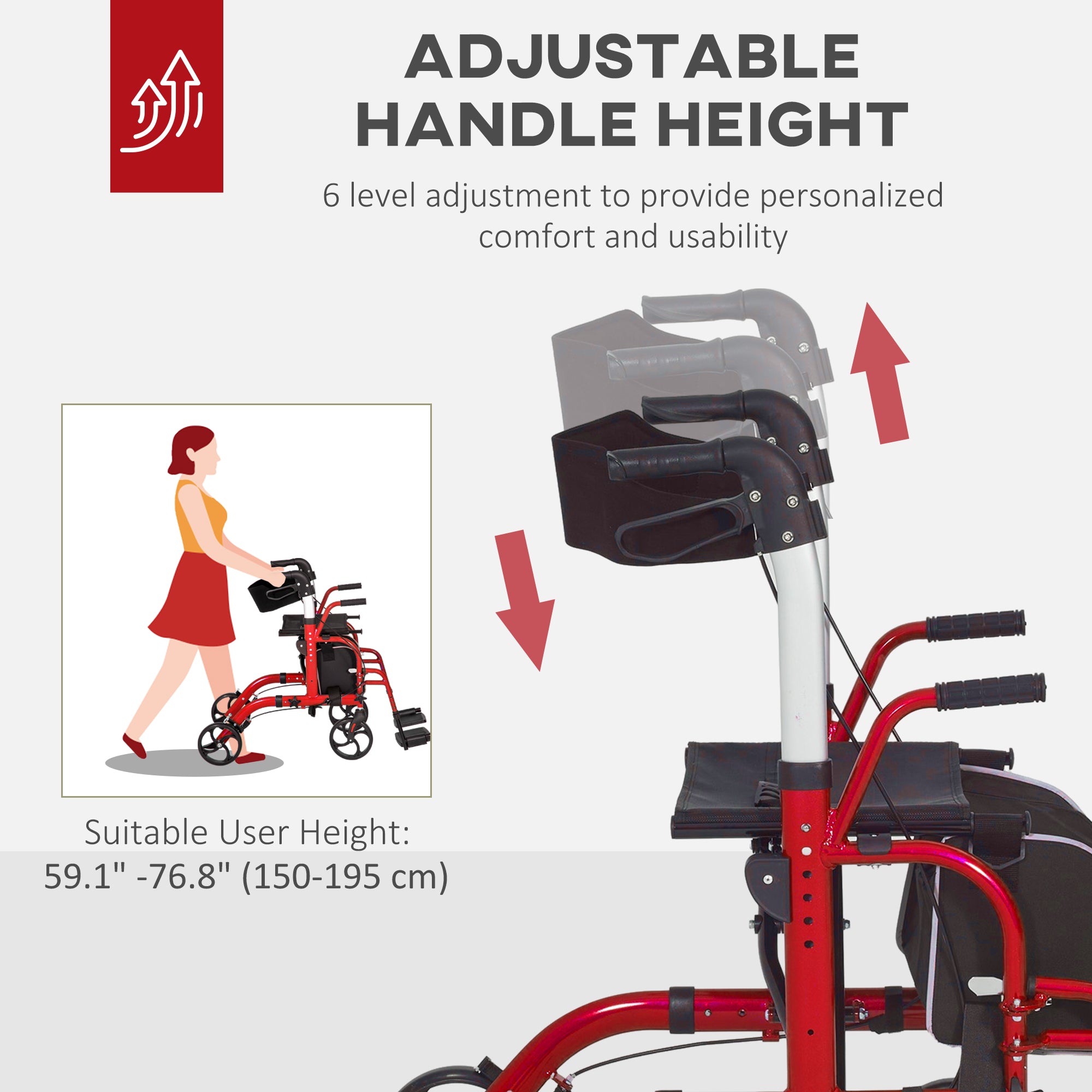HOMCOM Rollator Walker with Seat, Folding Rolling Walker with 8" Wheels, Walker for Seniors with Adjustable Height, Red 