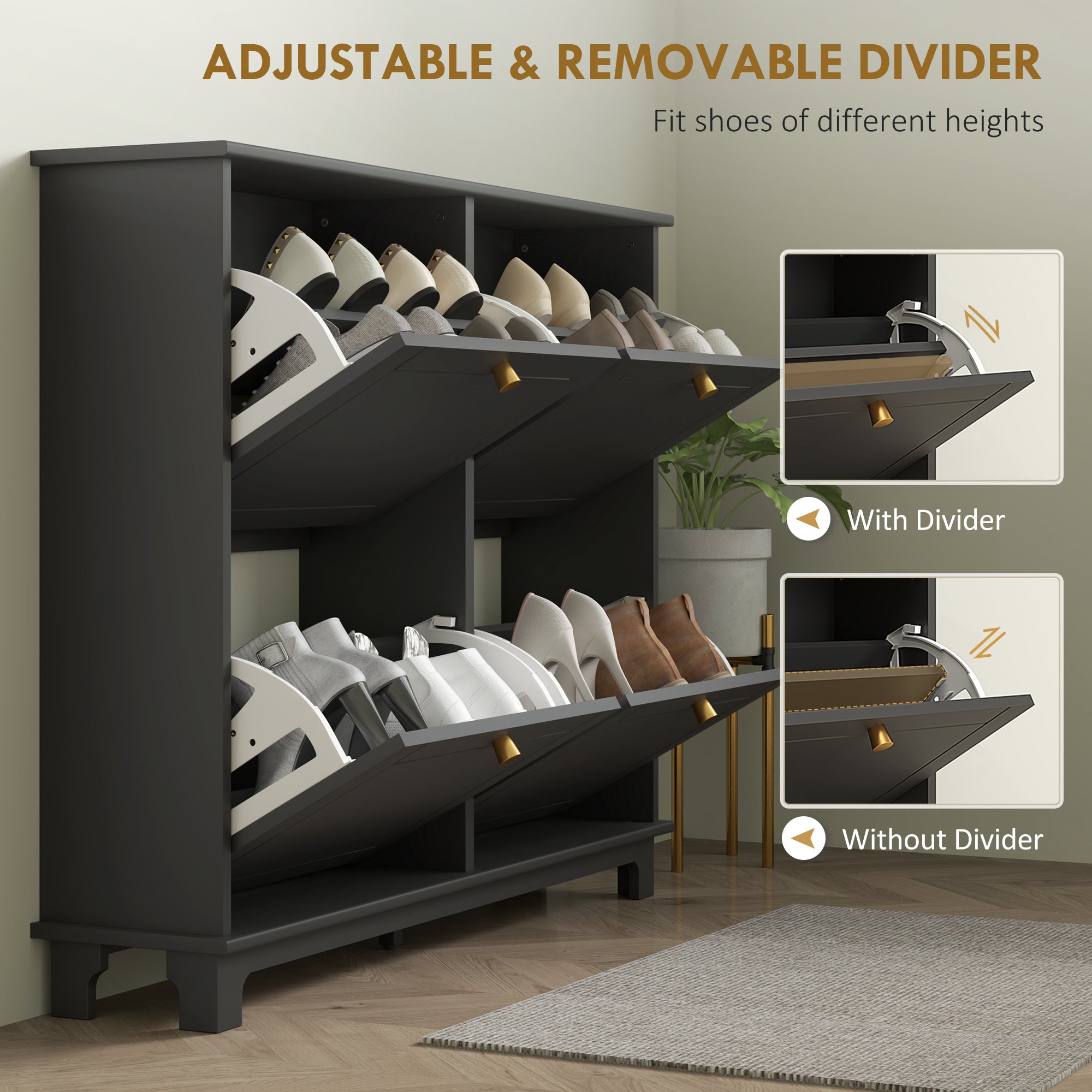 HOMCOM Modern Shoe Storage Cabinet, Narrow Shoe Cabinet with 4 Flip Drawers, Adjustable Shelves, 5 Legs for Entryway, Black 