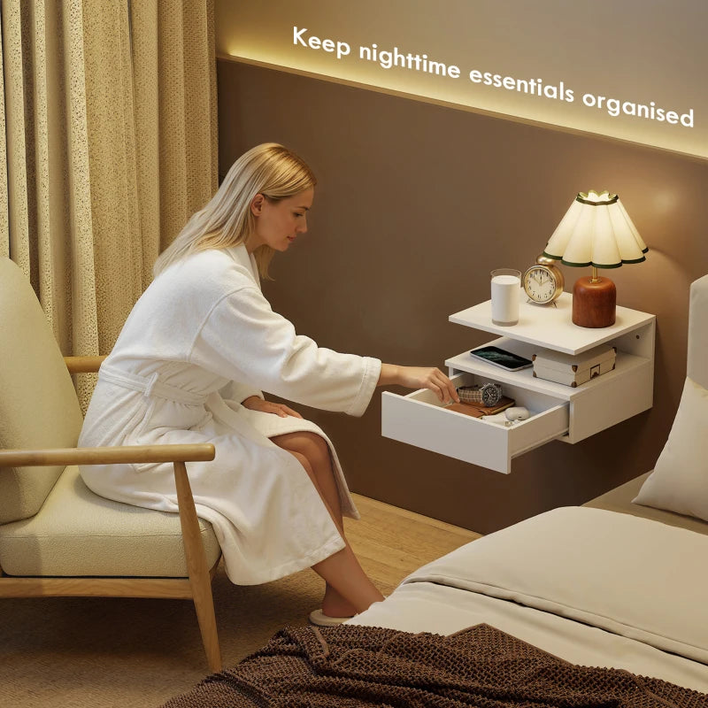 HOMCOM Floating Nightstand Set of 2 with Charging Station, Wall Mounted Bedside Tables with Drawer, Open Shelf, AC Outlet, USB & USB-C Ports, White or Black