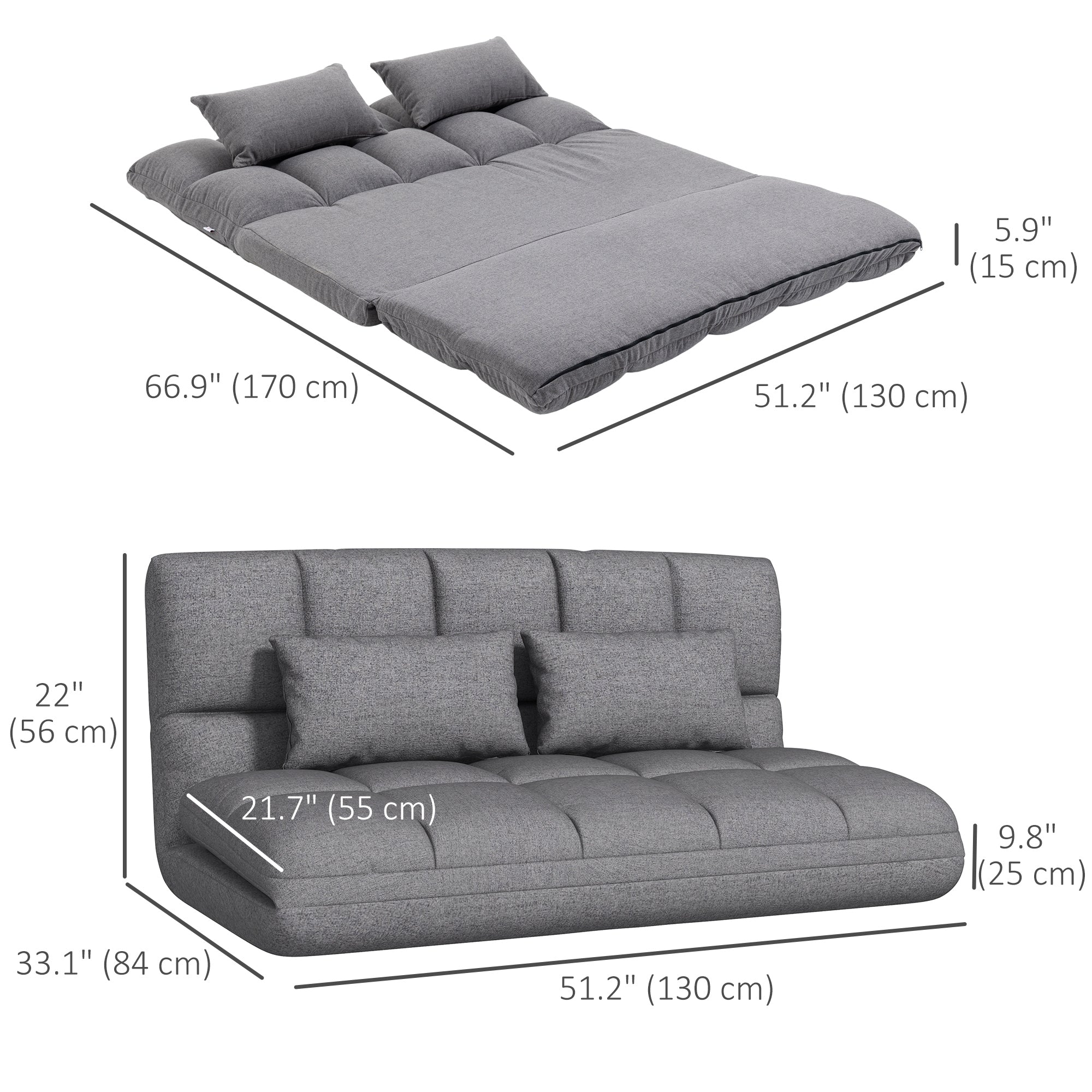 HOMCOM Convertible Floor Sofa Foldable Lazy Sofa Sleeper Adjustable Upholstered Floor Couch 9-position Backrest 2 Pillows 