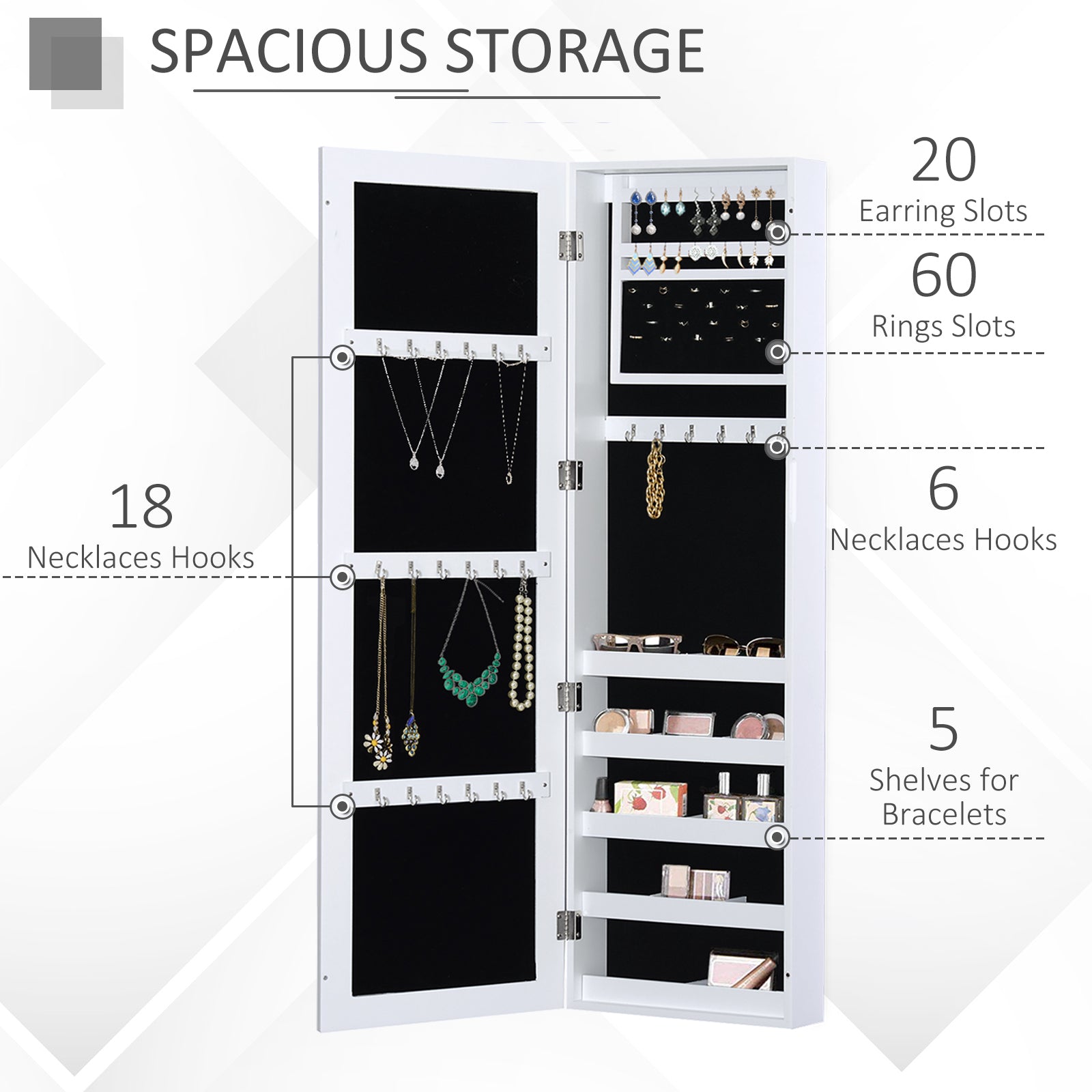 HOMCOM Wall-Mounted Jewelry Armoire: With Full-Length Mirror Storage Organizer, White 
